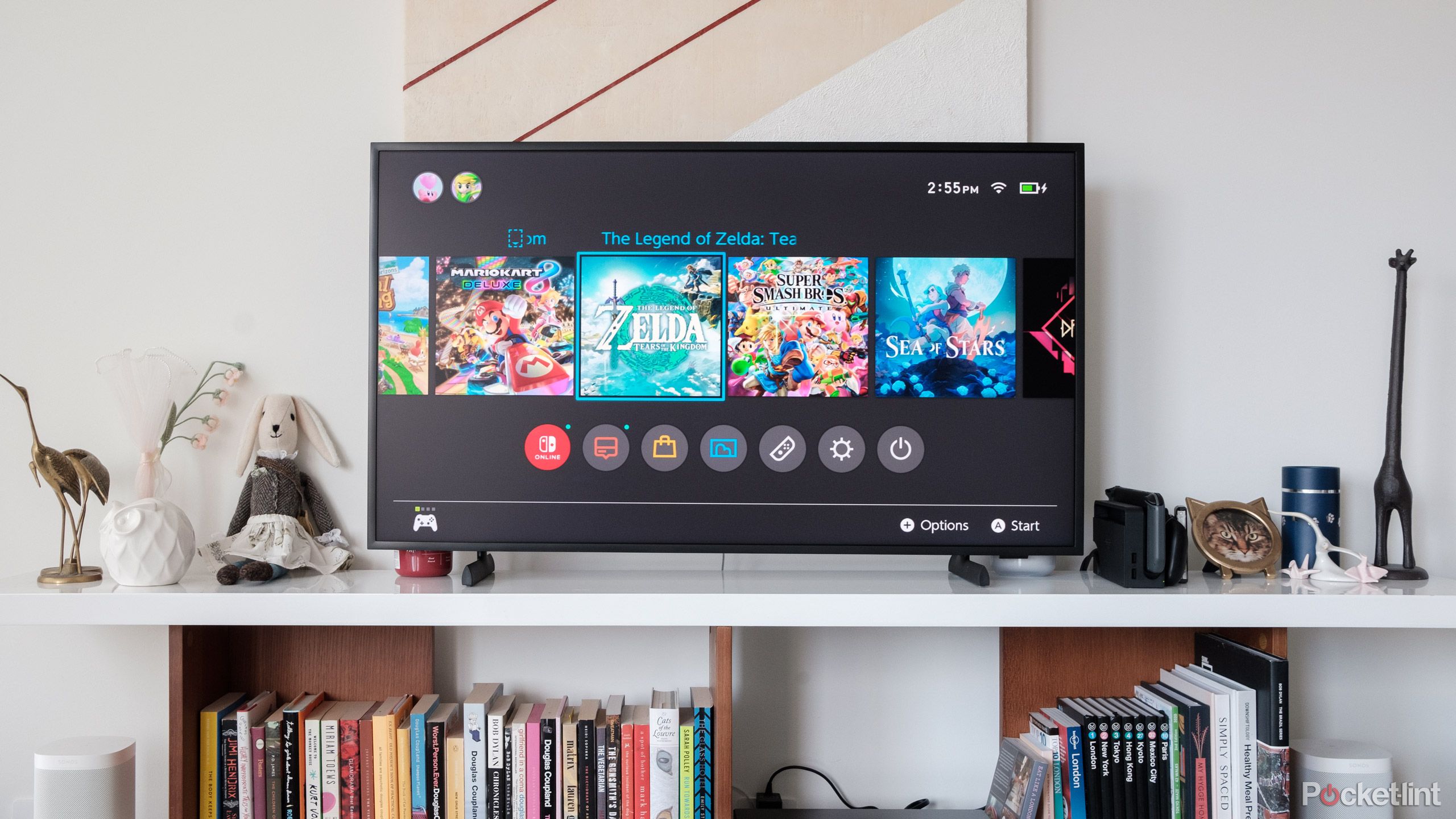 A Nintendo Switch OLED connected to a Samsung Frame TV