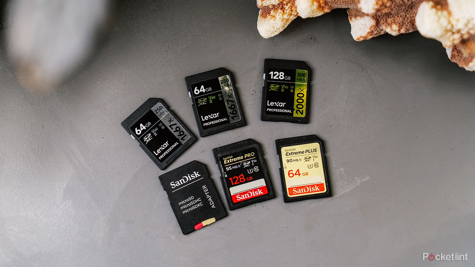 A collection of six SD cards on a table