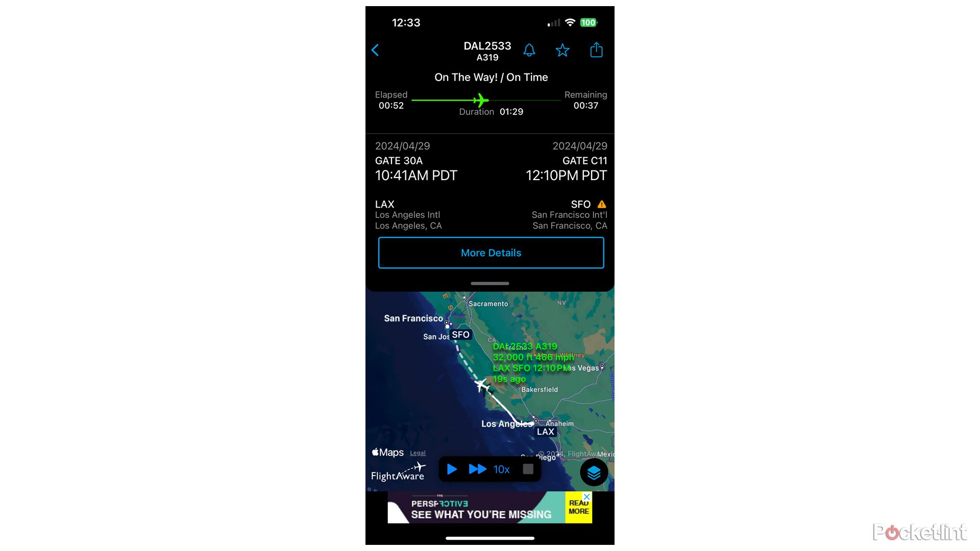 FlightAware tracking a flight on an iPhone.