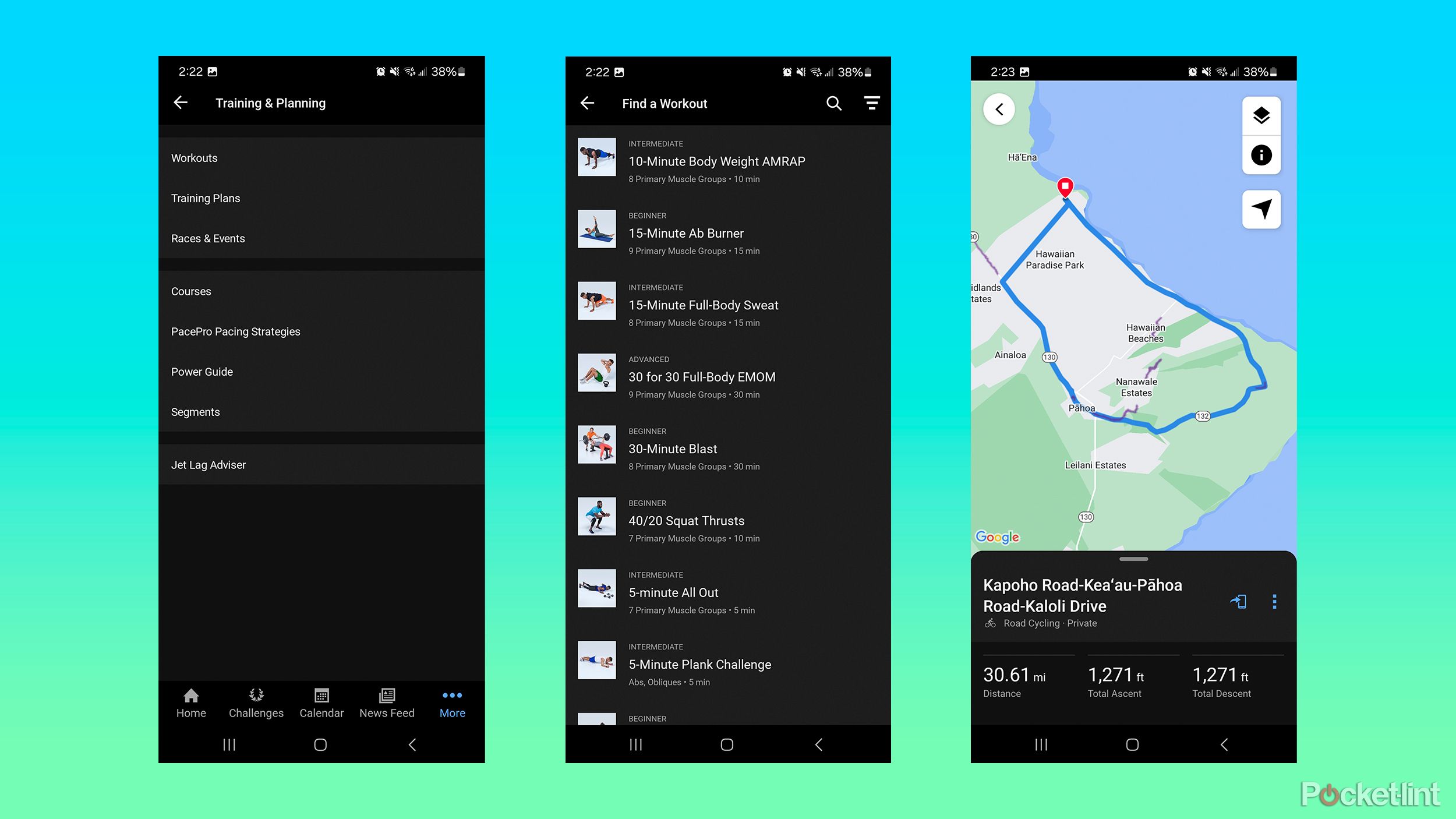 Three screenshots of the Garmin Connect Training and Planning features against a blue green gradient. 