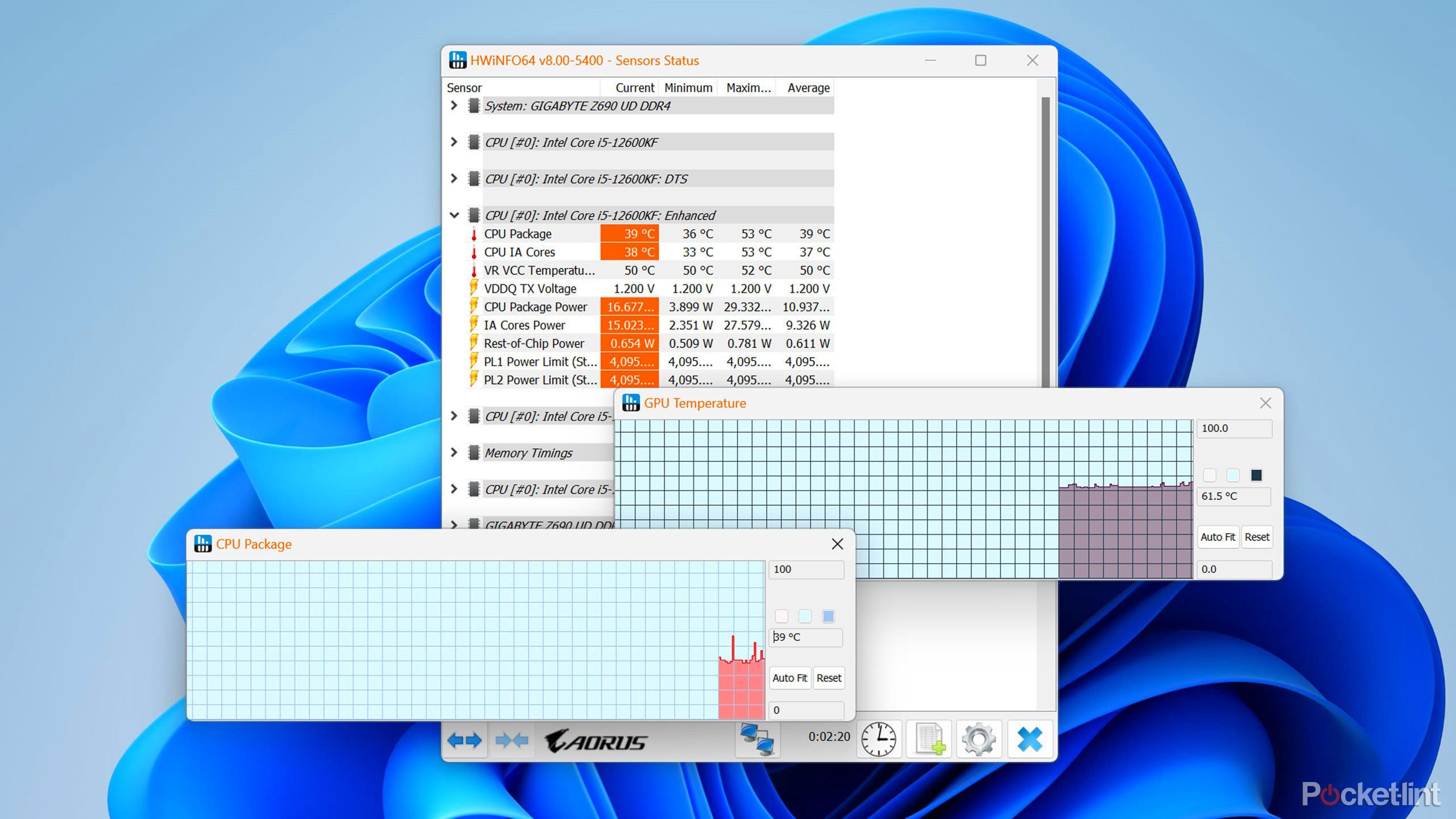 HWInfo (64-bit version) monitoring CPU and GPU temperature on Windows 11