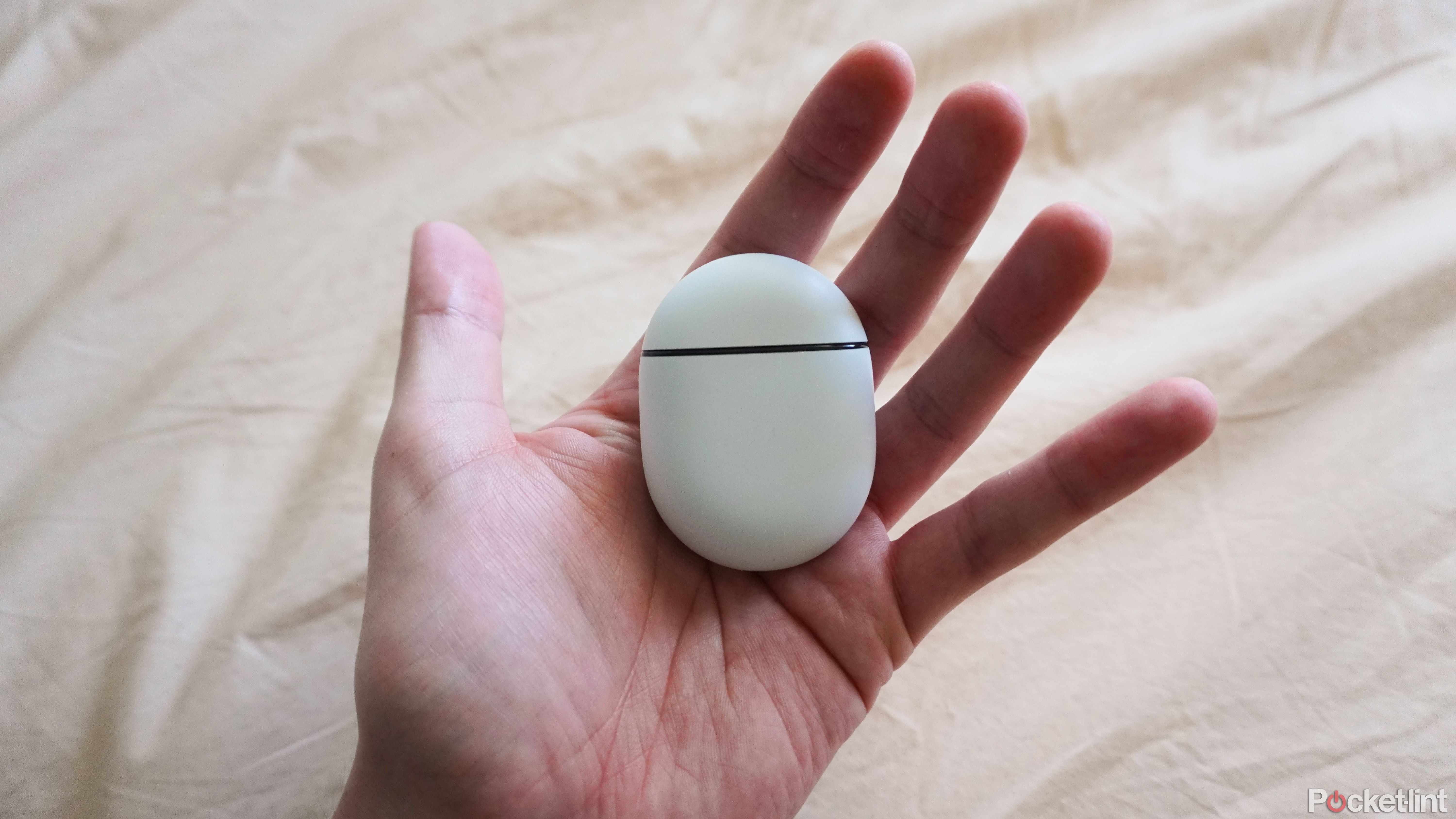 A hand holding a white Pixel Buds charging case.