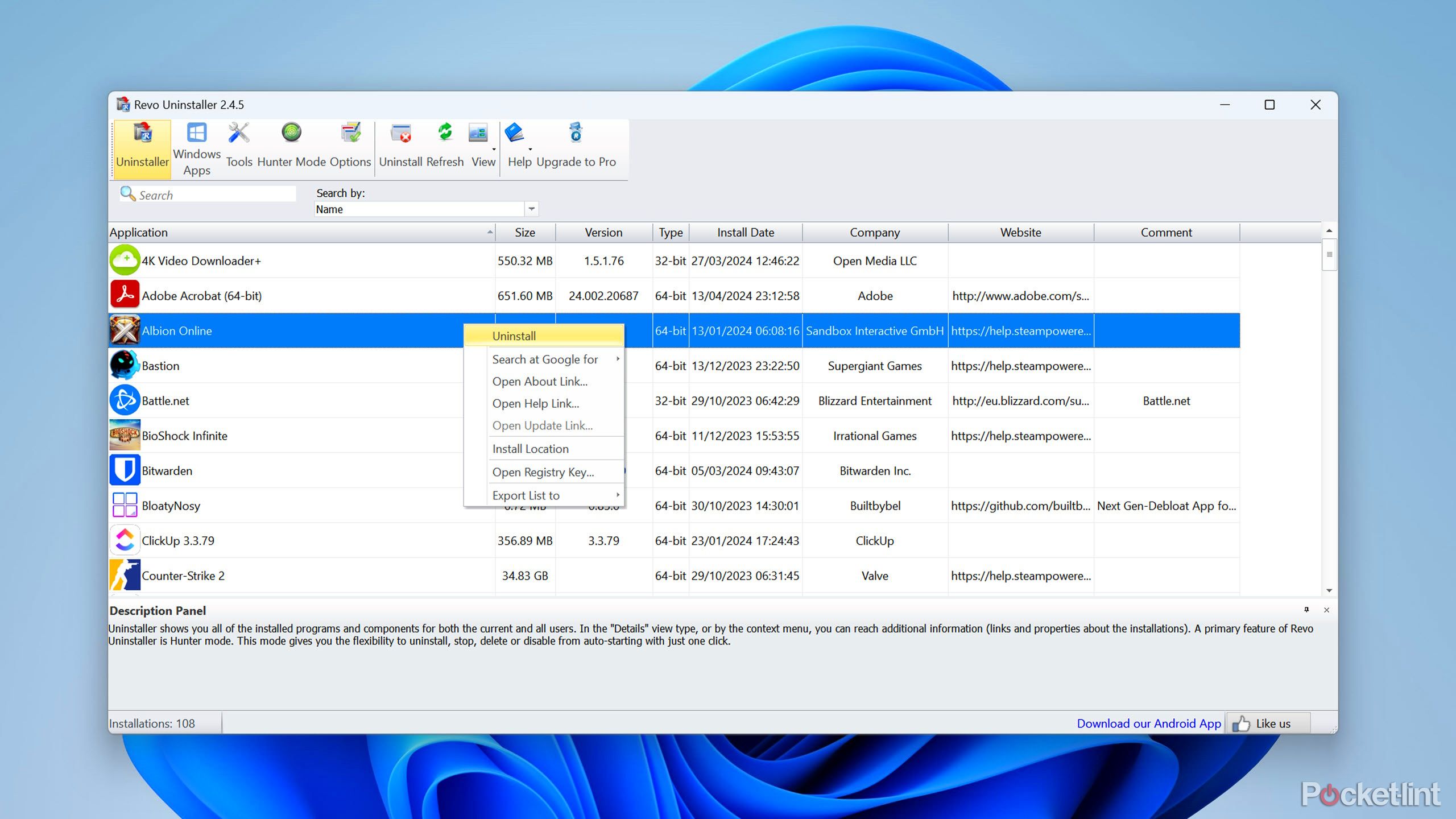 Revo Uninstaller Free running on Windows 11 desktop, showing Uninstall button.