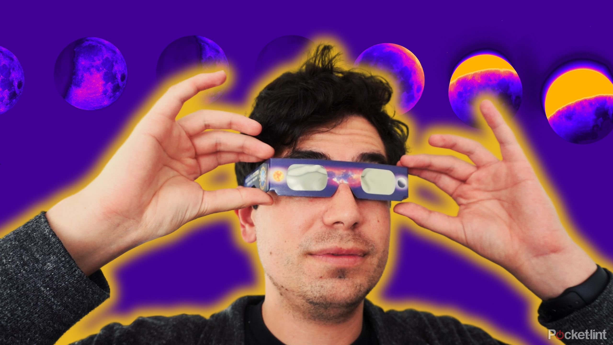 man with solar glasses over purple background