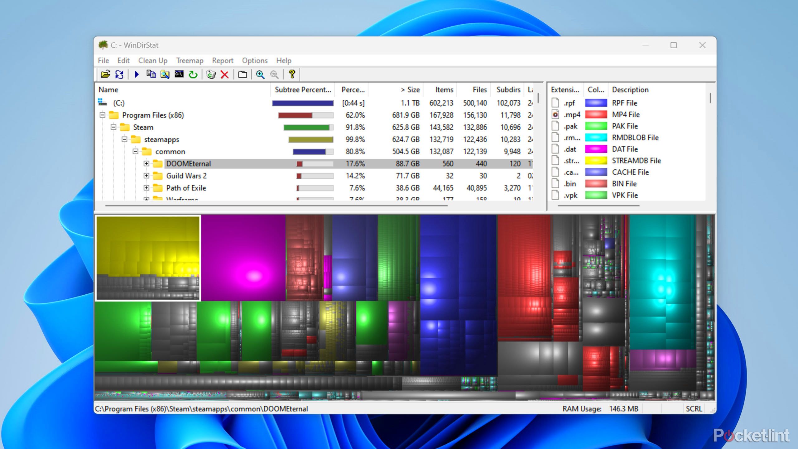 WinDirStat, a free disk usage statistics viewer program, running on Windows 11