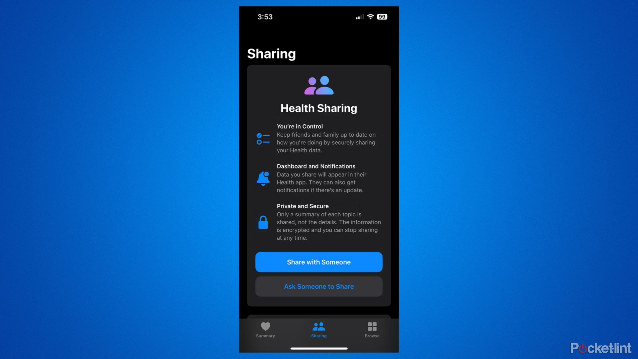 The Apple Health Sharing tab in iOS 17.5.