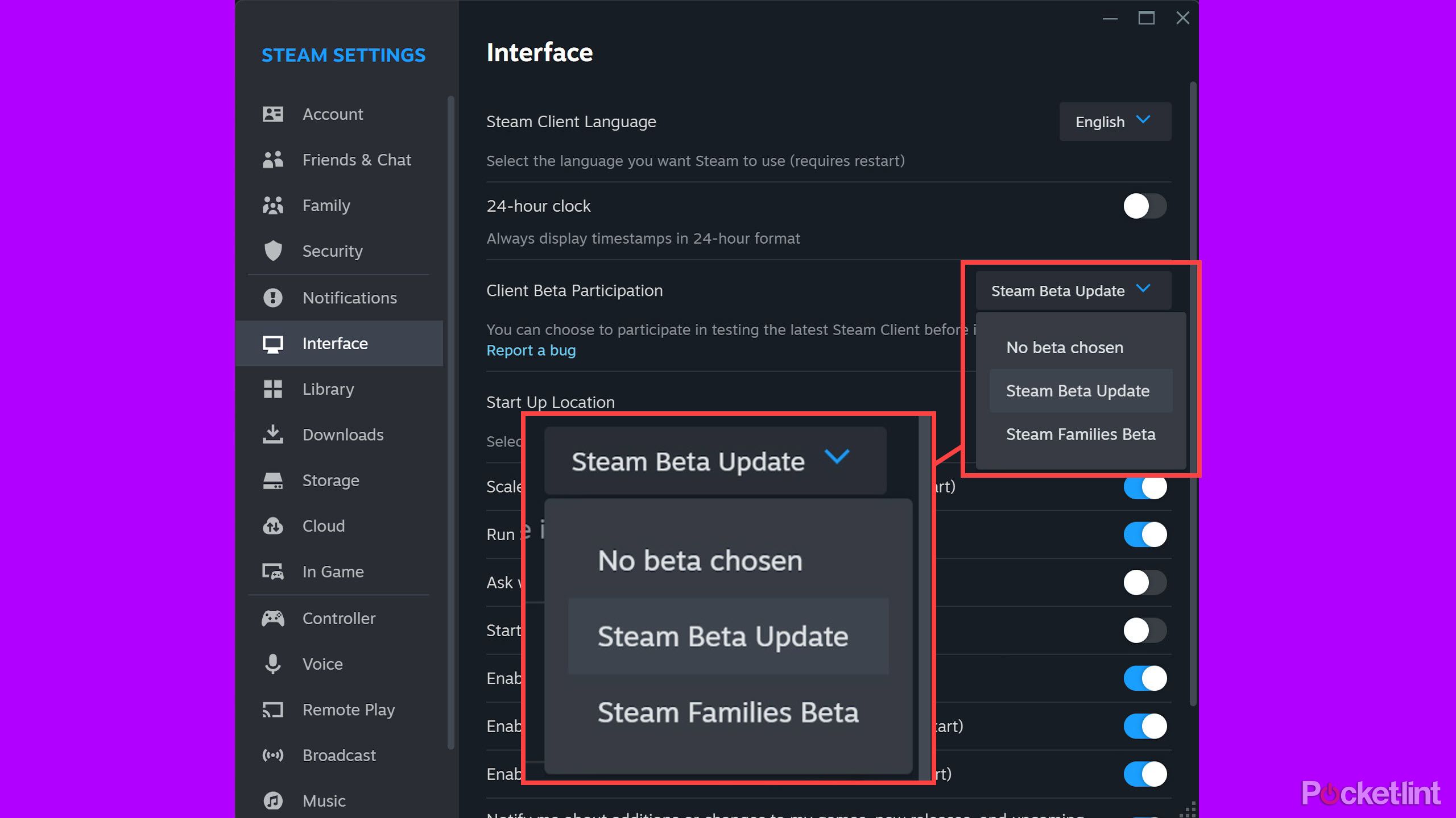 Steam settings showing how to opt in to Steam Beta Update