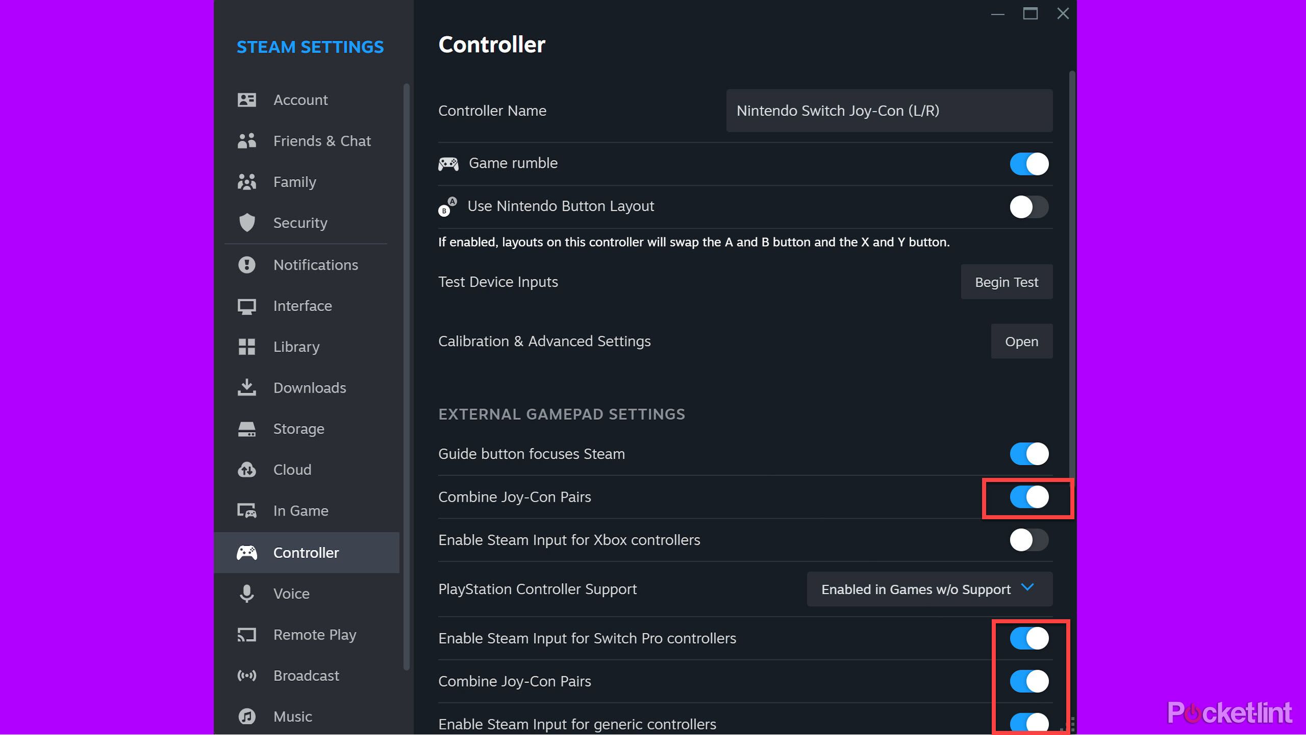 Steam Settings کا صفحہ دکھا رہا ہے Eable Steam Input for Switch Pro کنٹرولرز کو فعال کیا گیا ہے۔