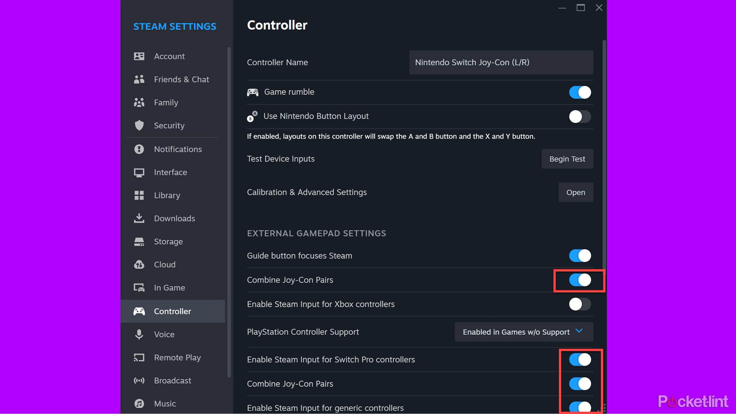 Steam Settings page showing Enable Steam Input for Switch Pro Controllers enabled