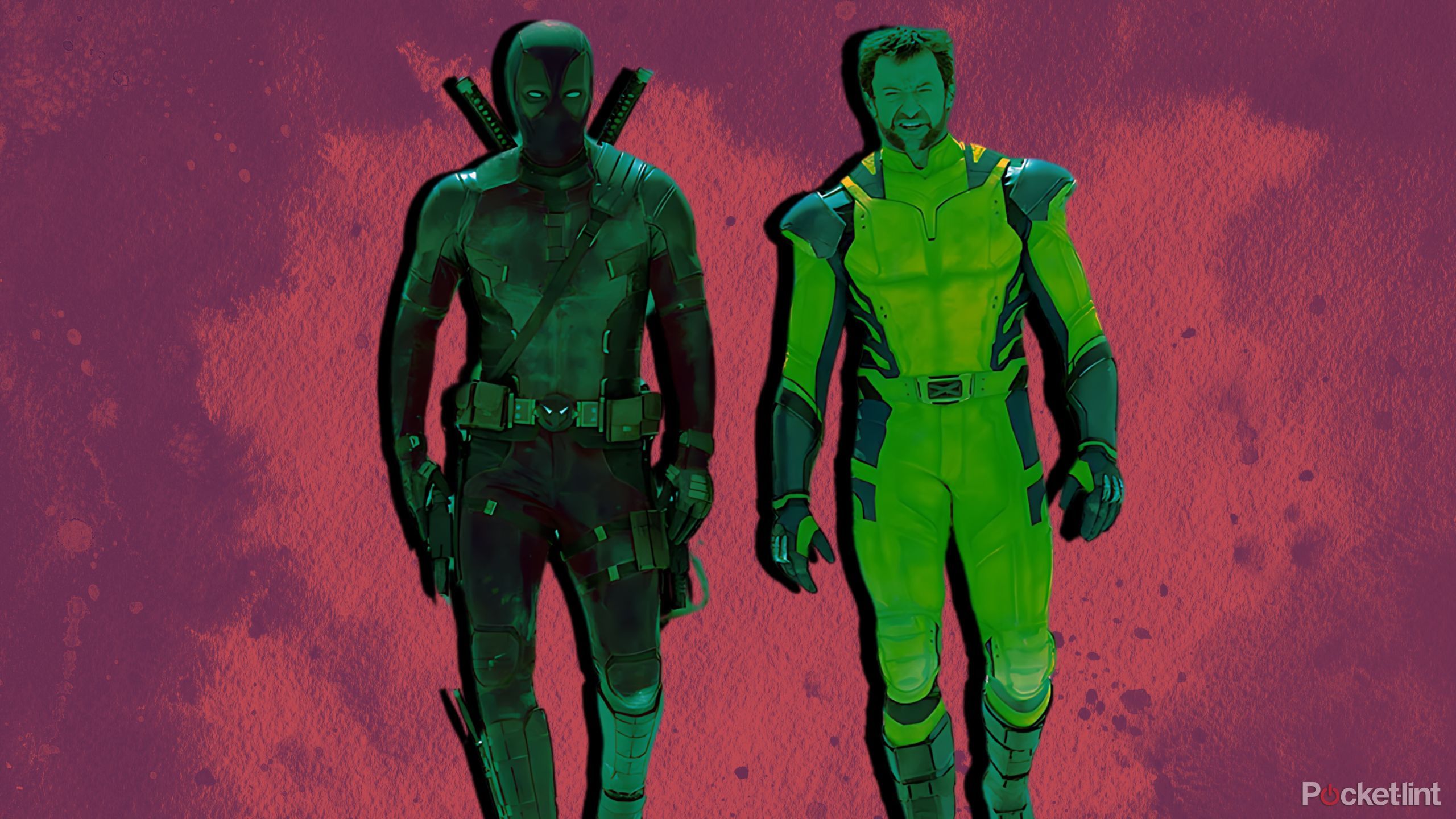 Deadpool and Wolverine highlighted in green against a pink and purple background. 