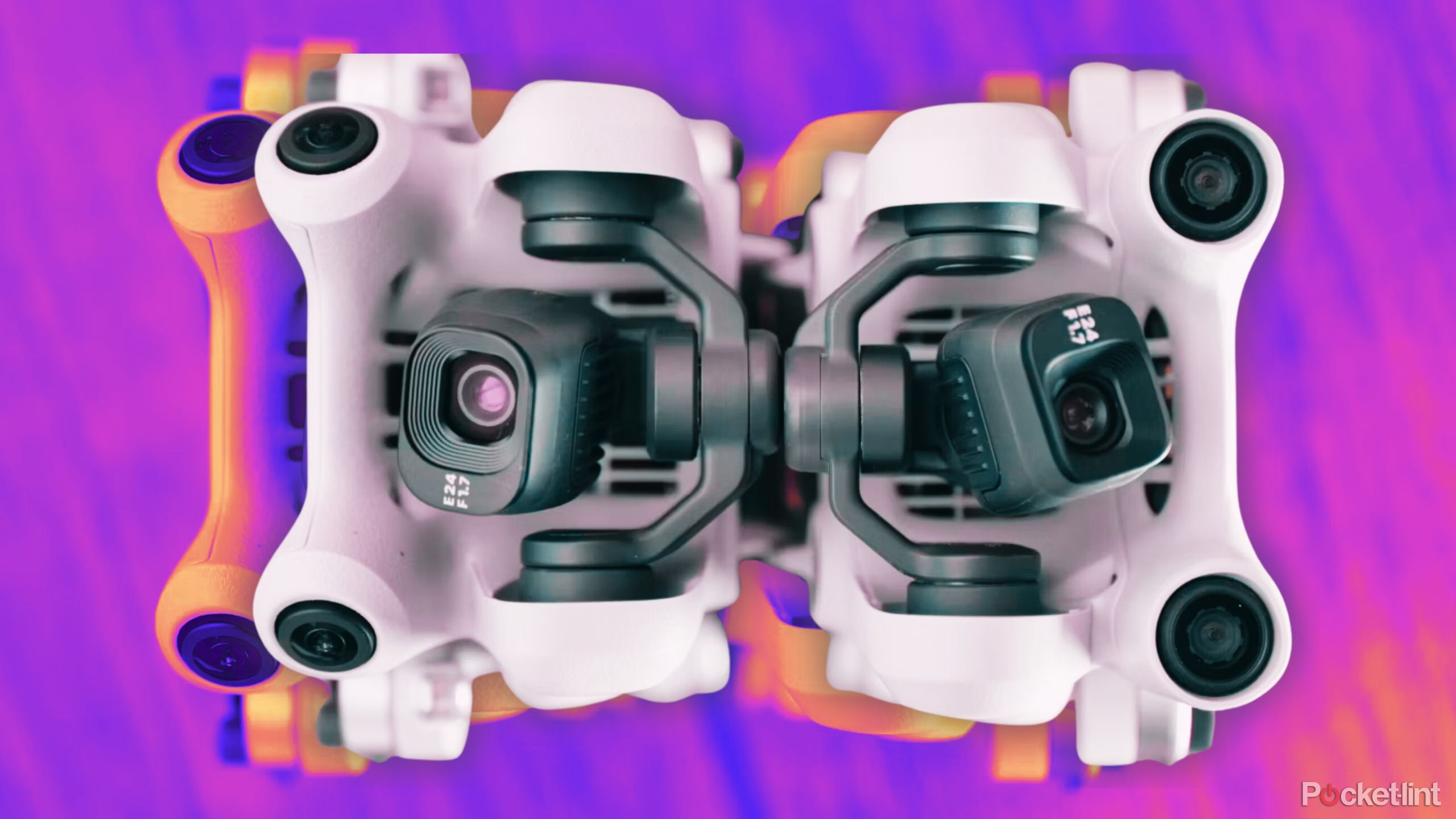 DJI Mini 4 Pro vs DJI Mini Pro 3 side by side against a purple and orange background. 