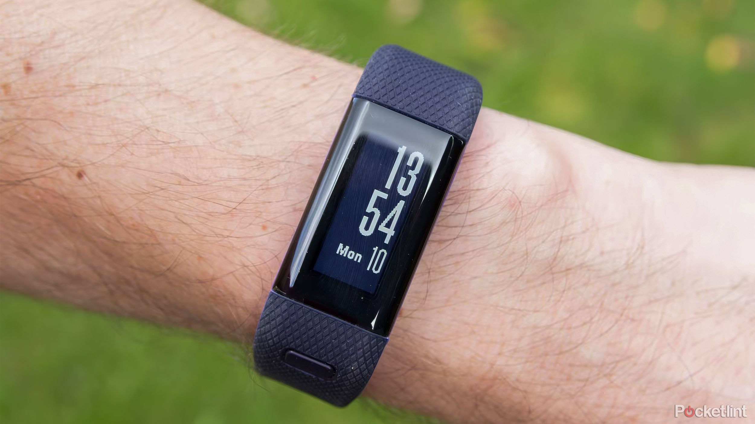 The Fitbit Flex 2 on a wrist in front of blurred out grass. 