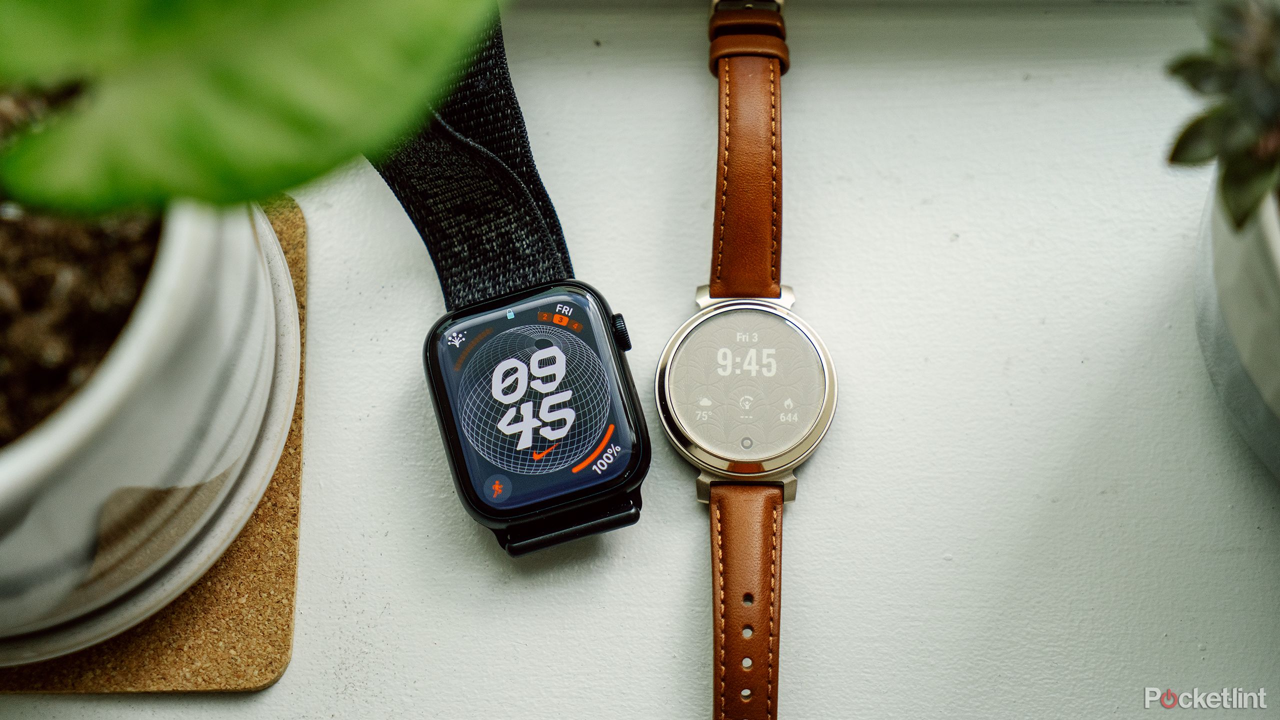 The Garmin Lily 2 next to the Apple Watch on a windowsill with a plant. 