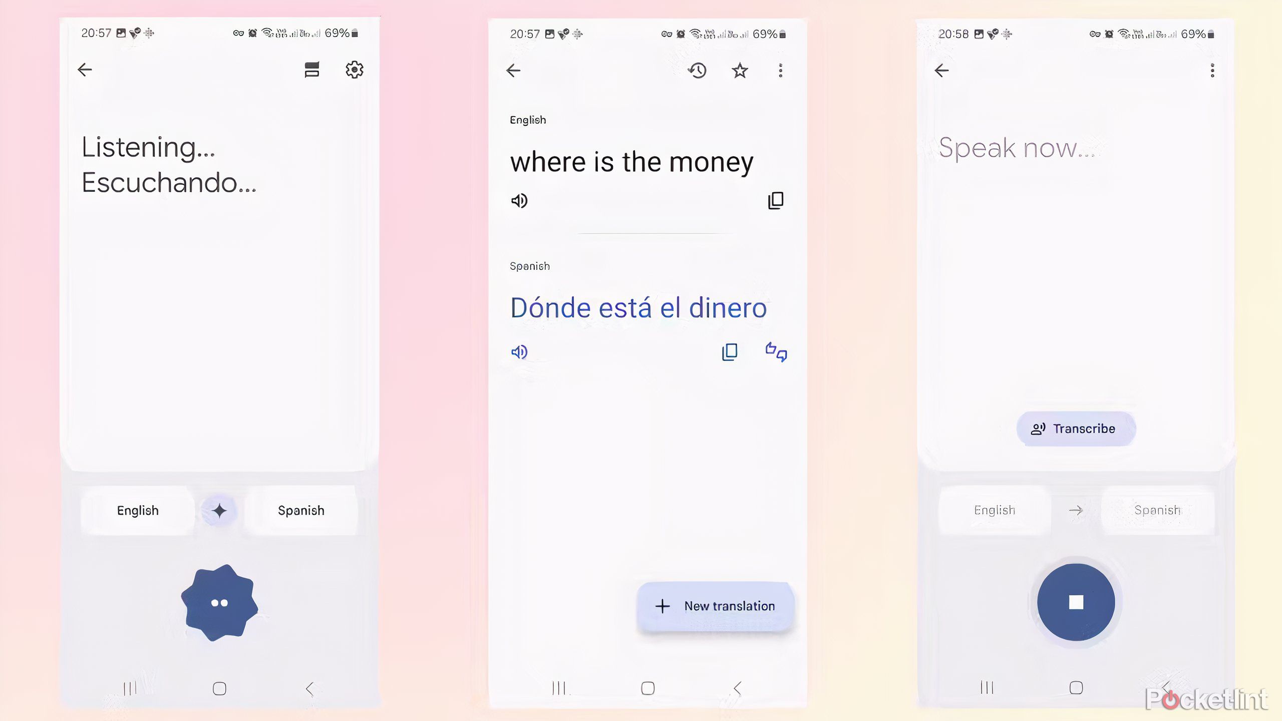 Google Translate app showing a listening, text translation, and speak now feature. 