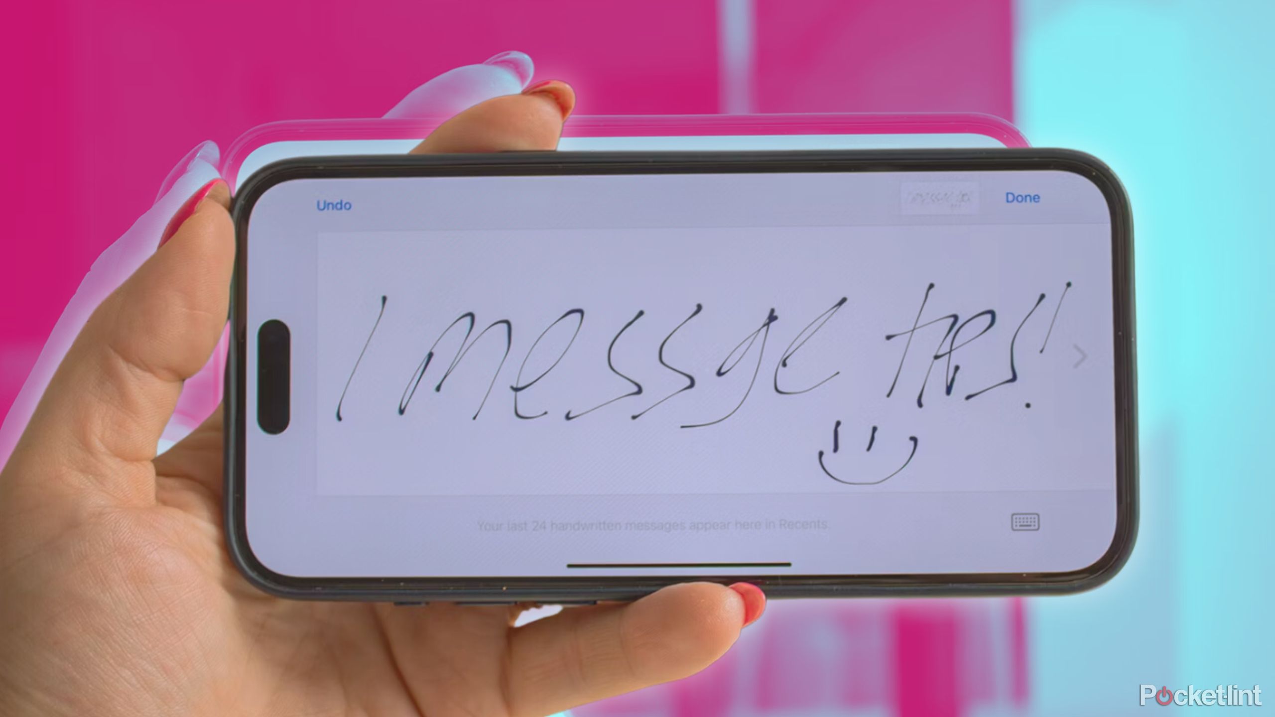 Someone holding an iPhone horizontally using a draw to write feature.