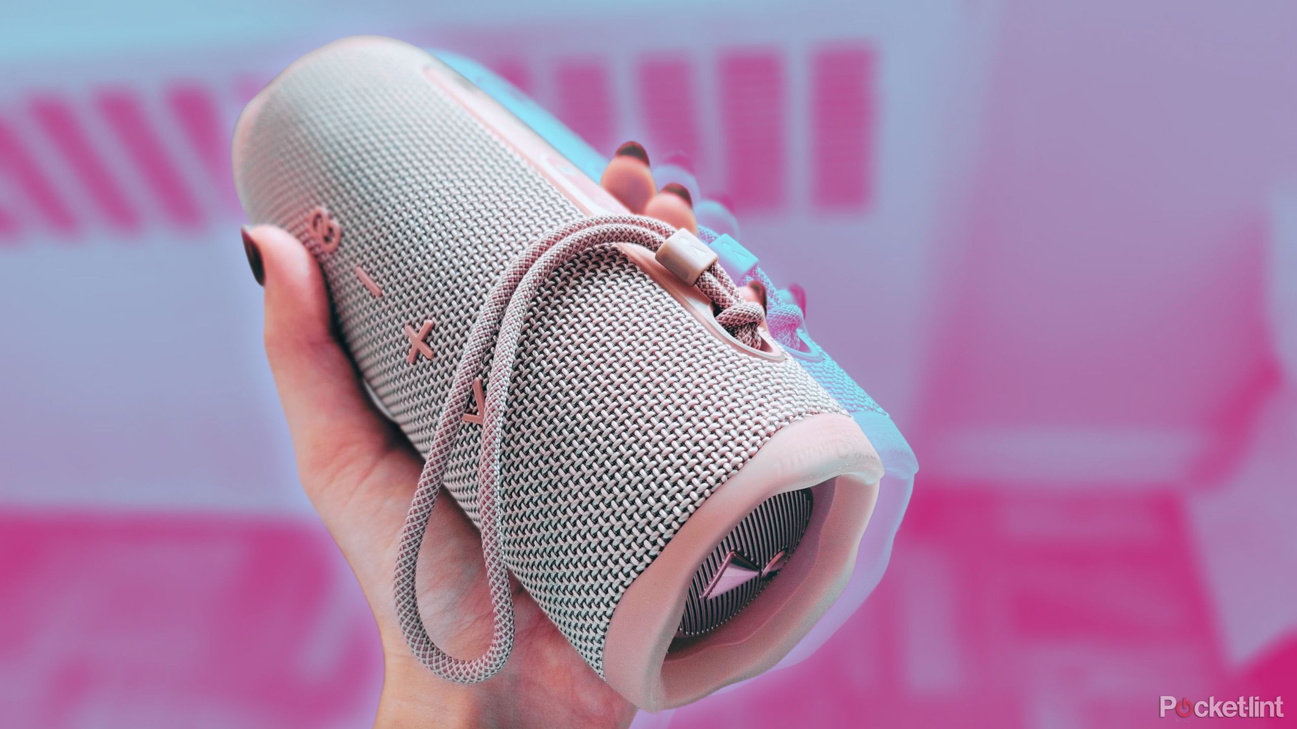 Pink JBL Flip 6 against a blue and pink background