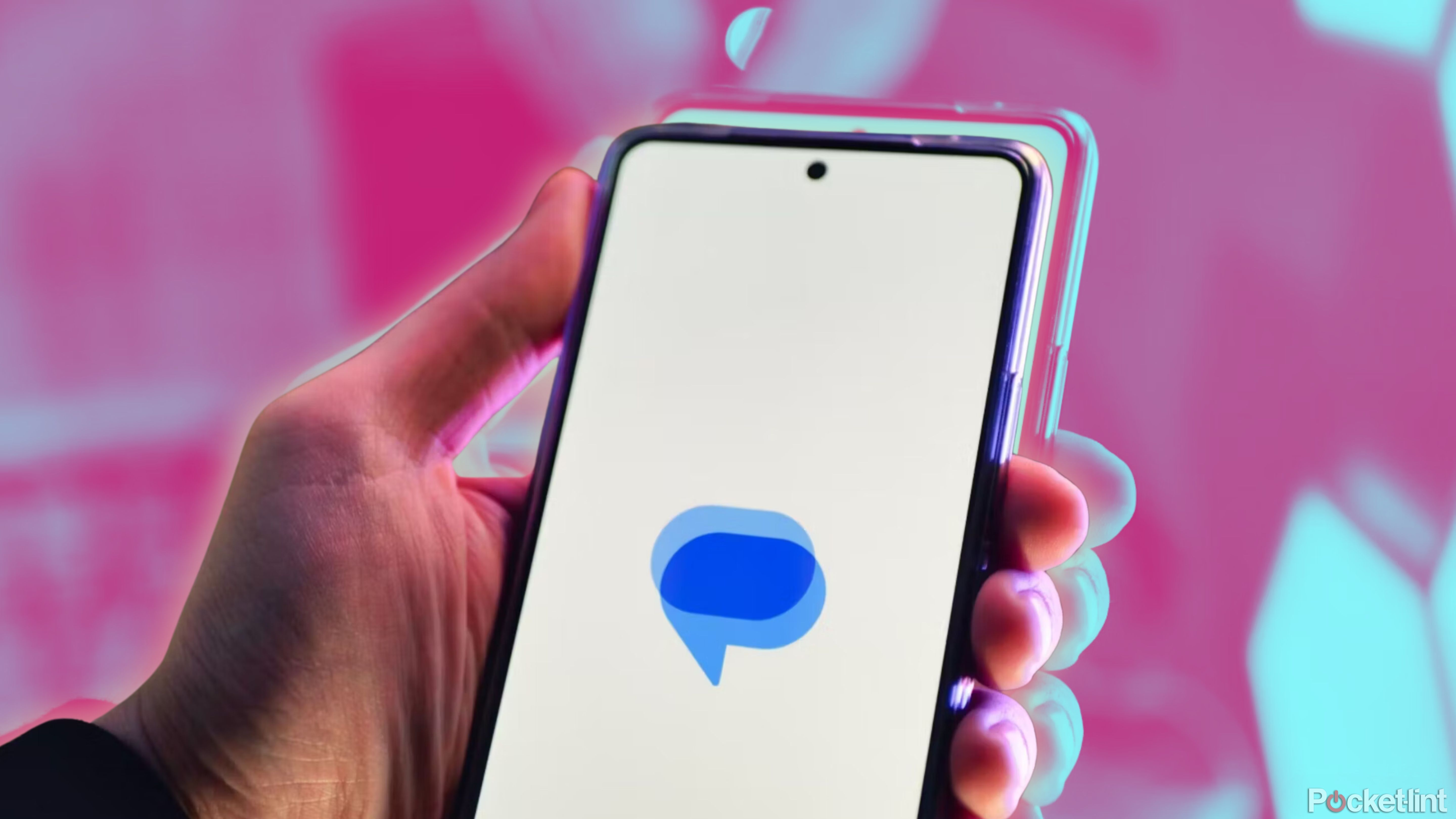 Messages icon on an Android phone against a pink background. 