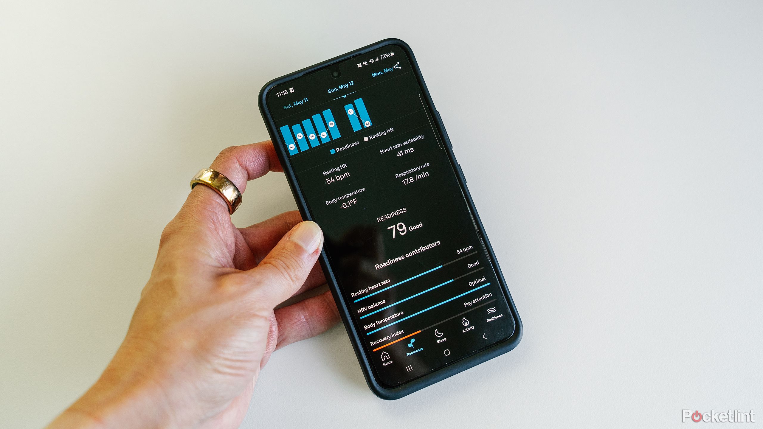 A hand wearing the Oura Ring holds a phone displaying the Oura app's Readiness Score.