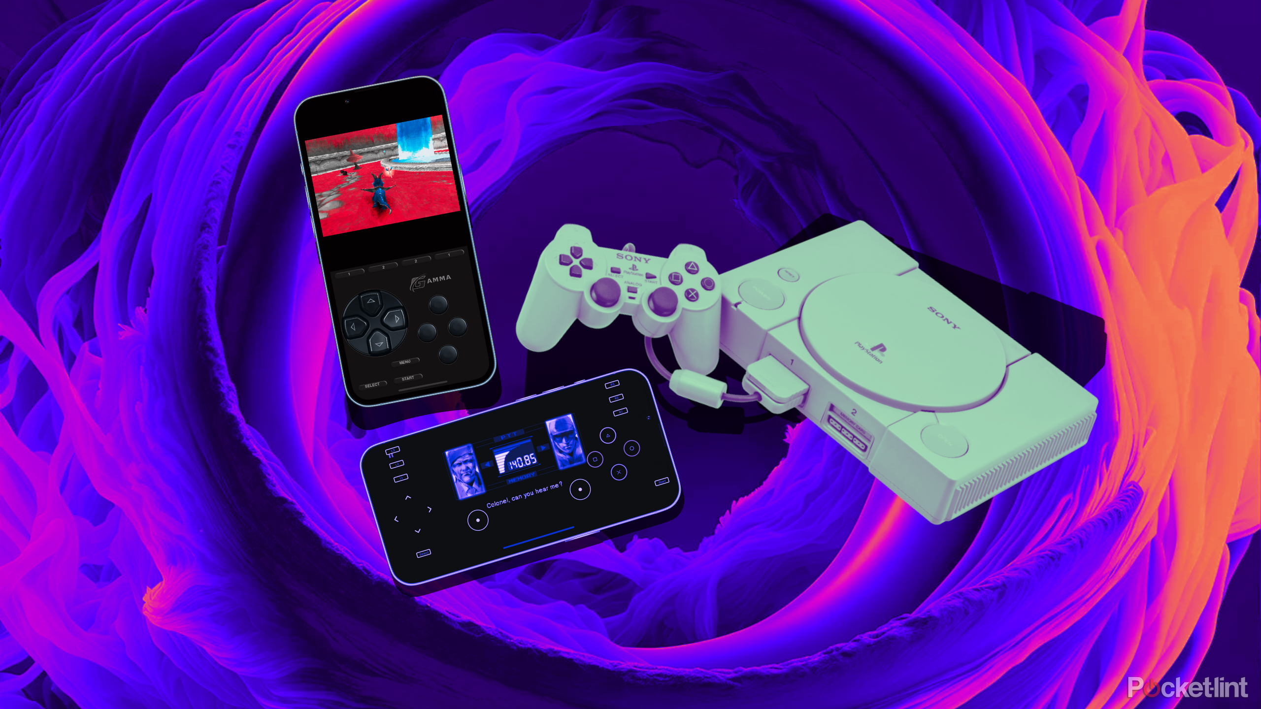 iPhones, a PS1, and a PS1 controller on a futuristic background. 