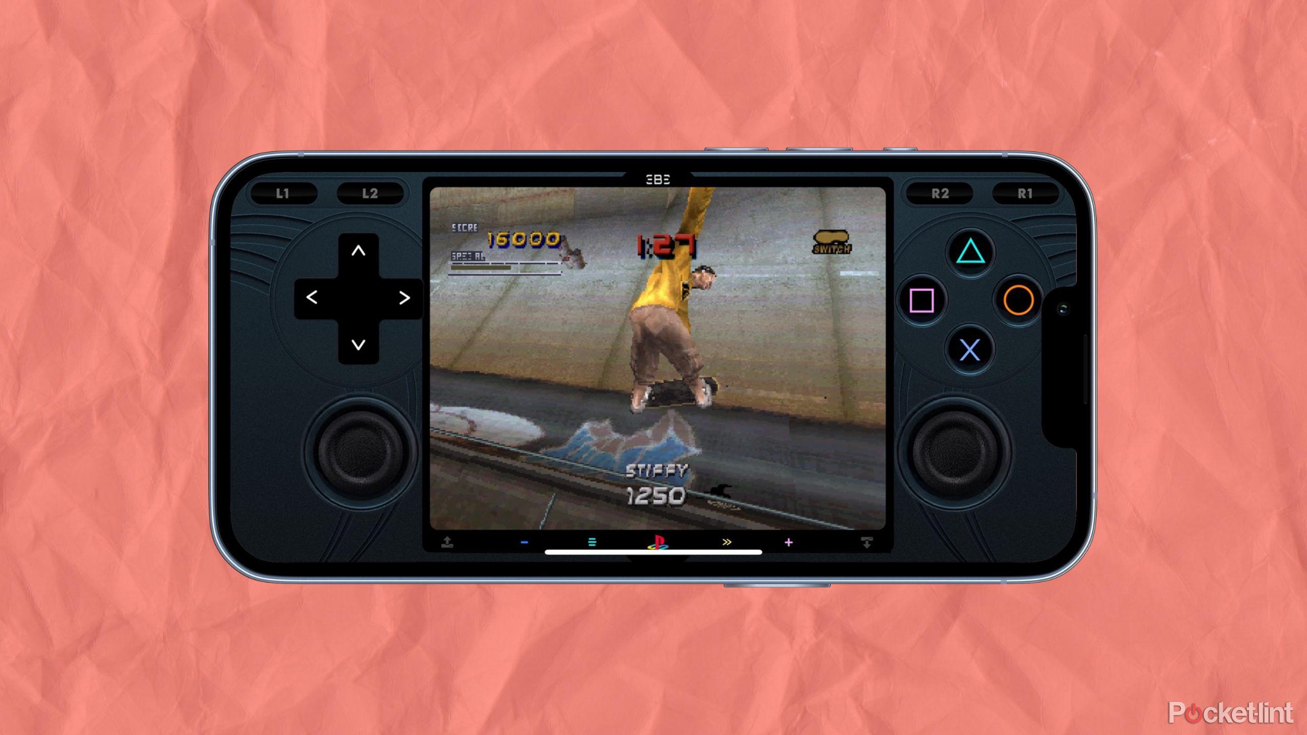 TonyHawk PS1 game emulated on an iPhone. 
