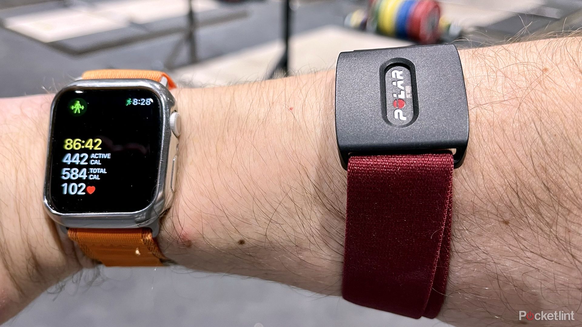 The Polar Verity Sense and an Apple Watch.