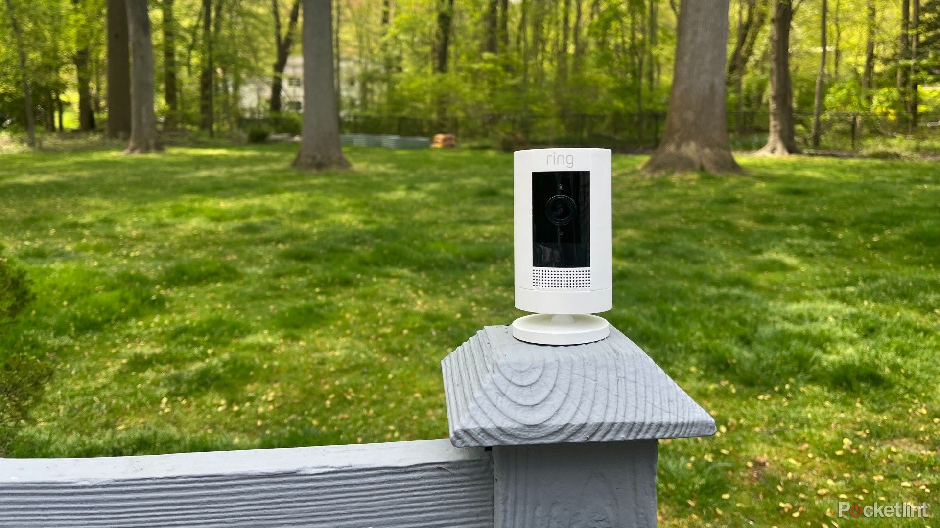 Una batería Ring Stick Up Cam en un patio trasero sobre un poste