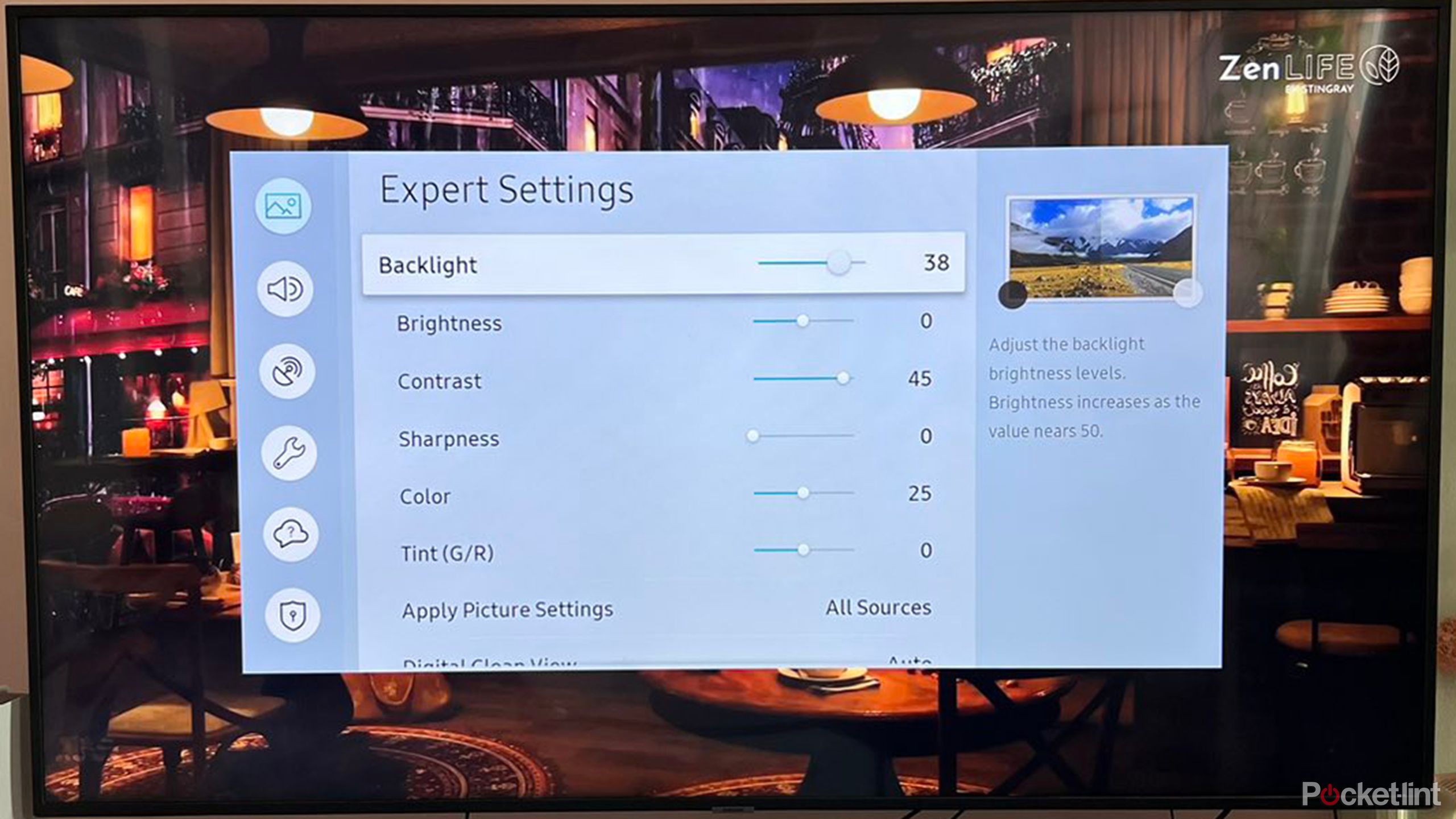 Settings menu on Samsung Smart TV with backlight selected. 