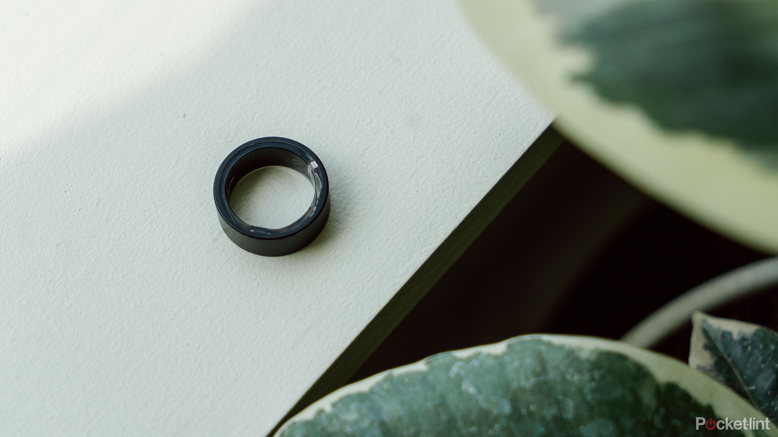 The Ultrahuman Ring Air sits on a windowsill next to a plant.