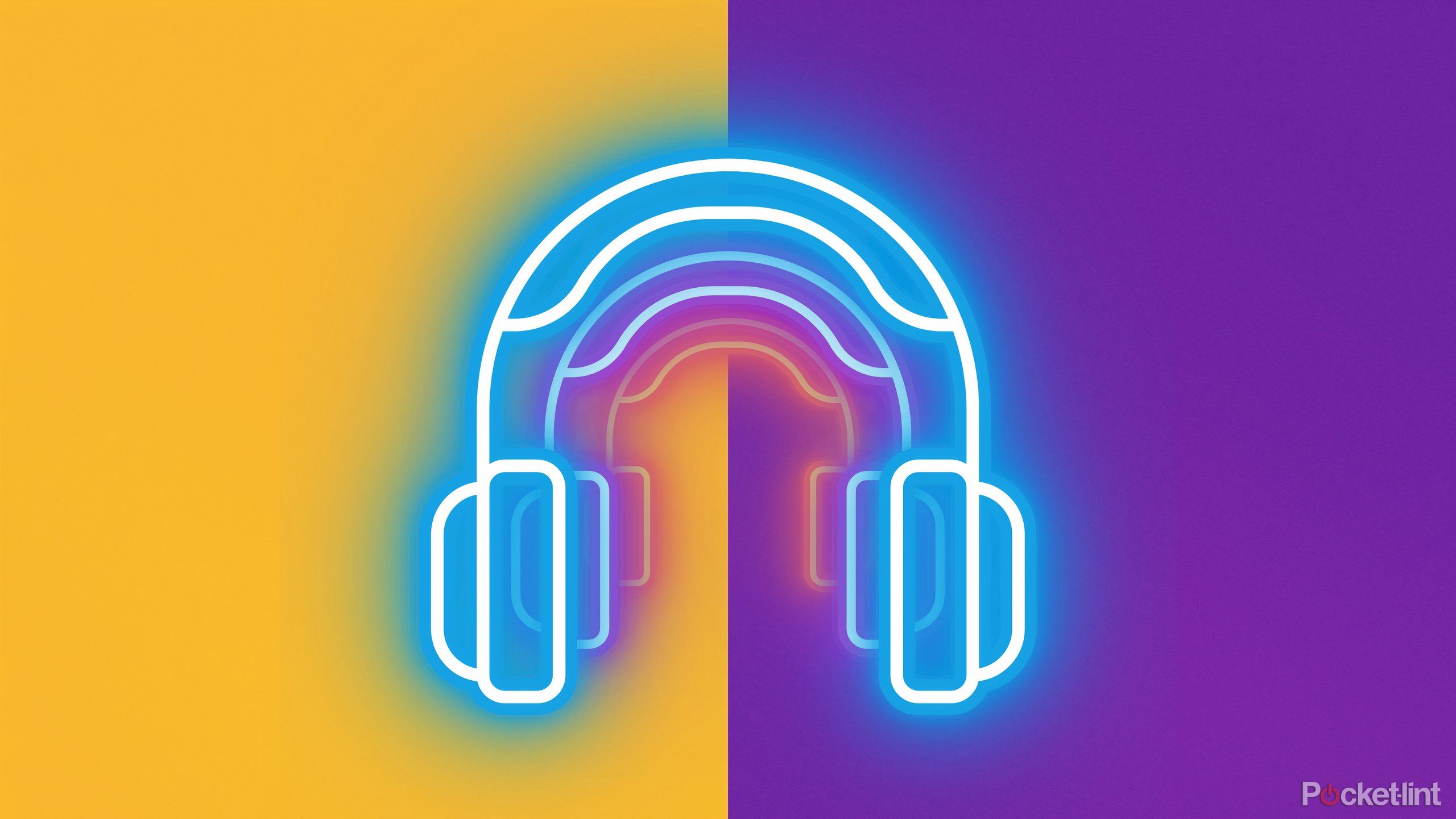 Neon blue headphone graphic over yellow and purple background