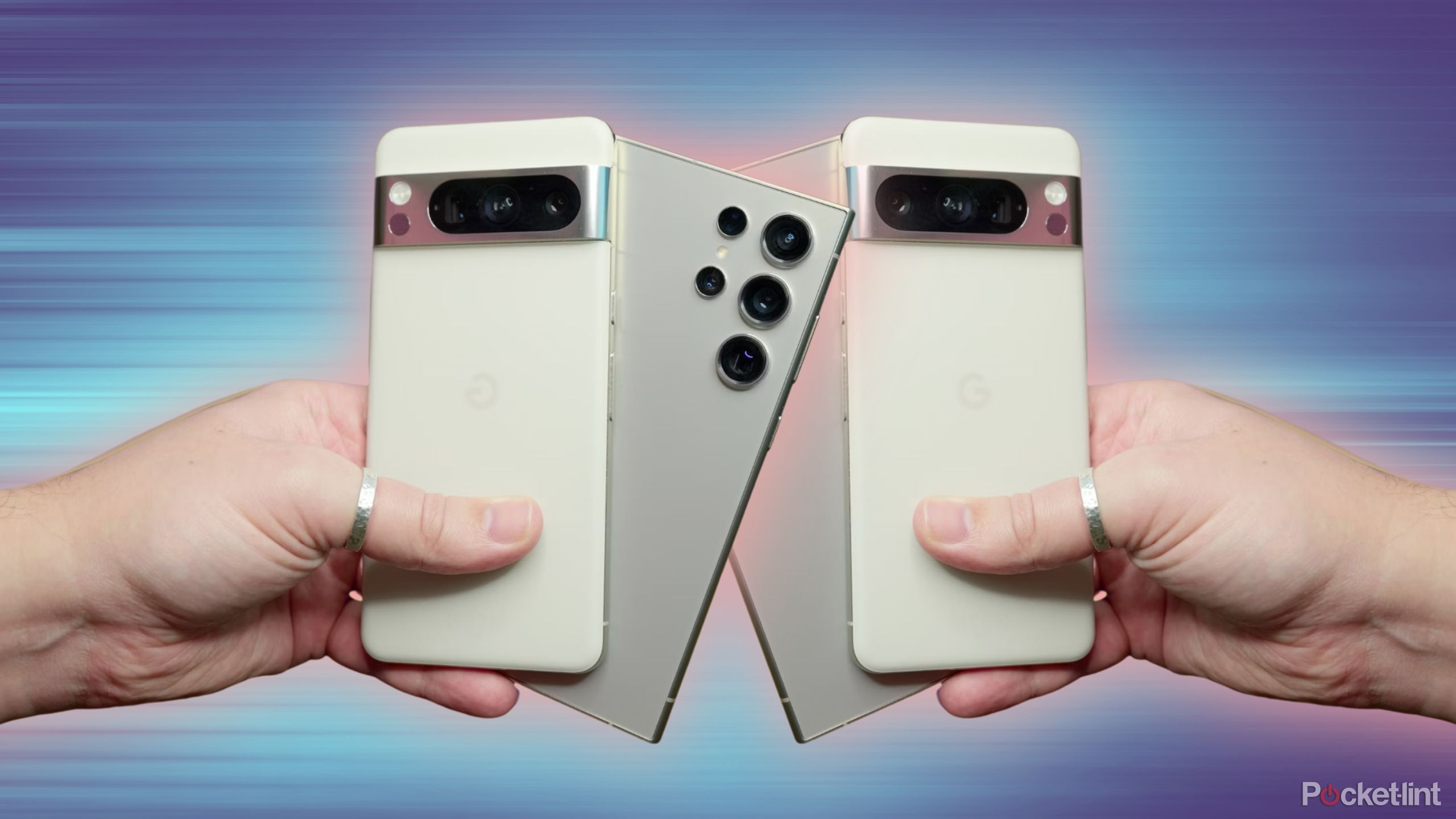 Two S24 Ultras and Pixel 8 Pro 2s in hand against a blue background. 