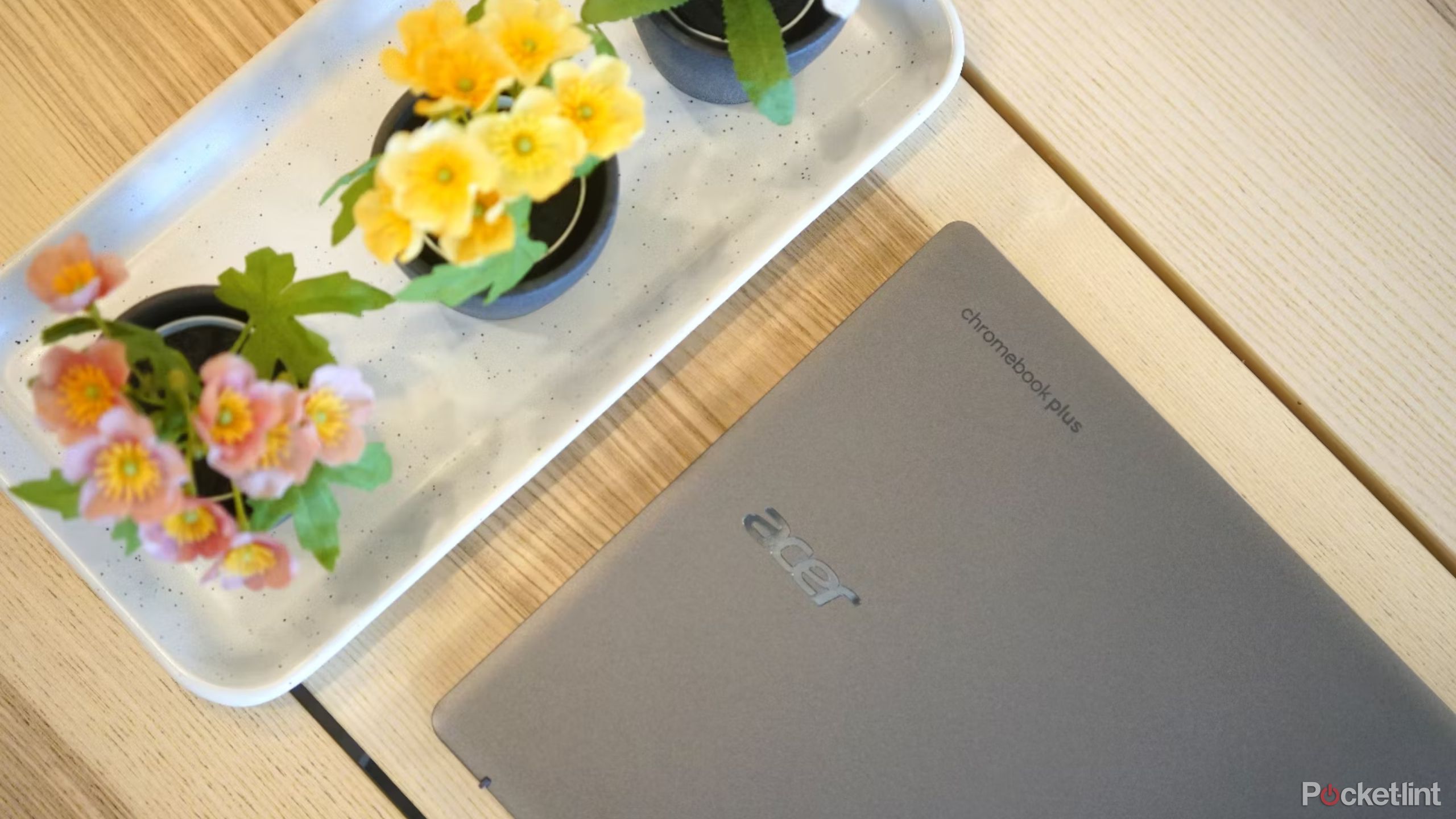 Acer Chromebook Plus next to flowers. 