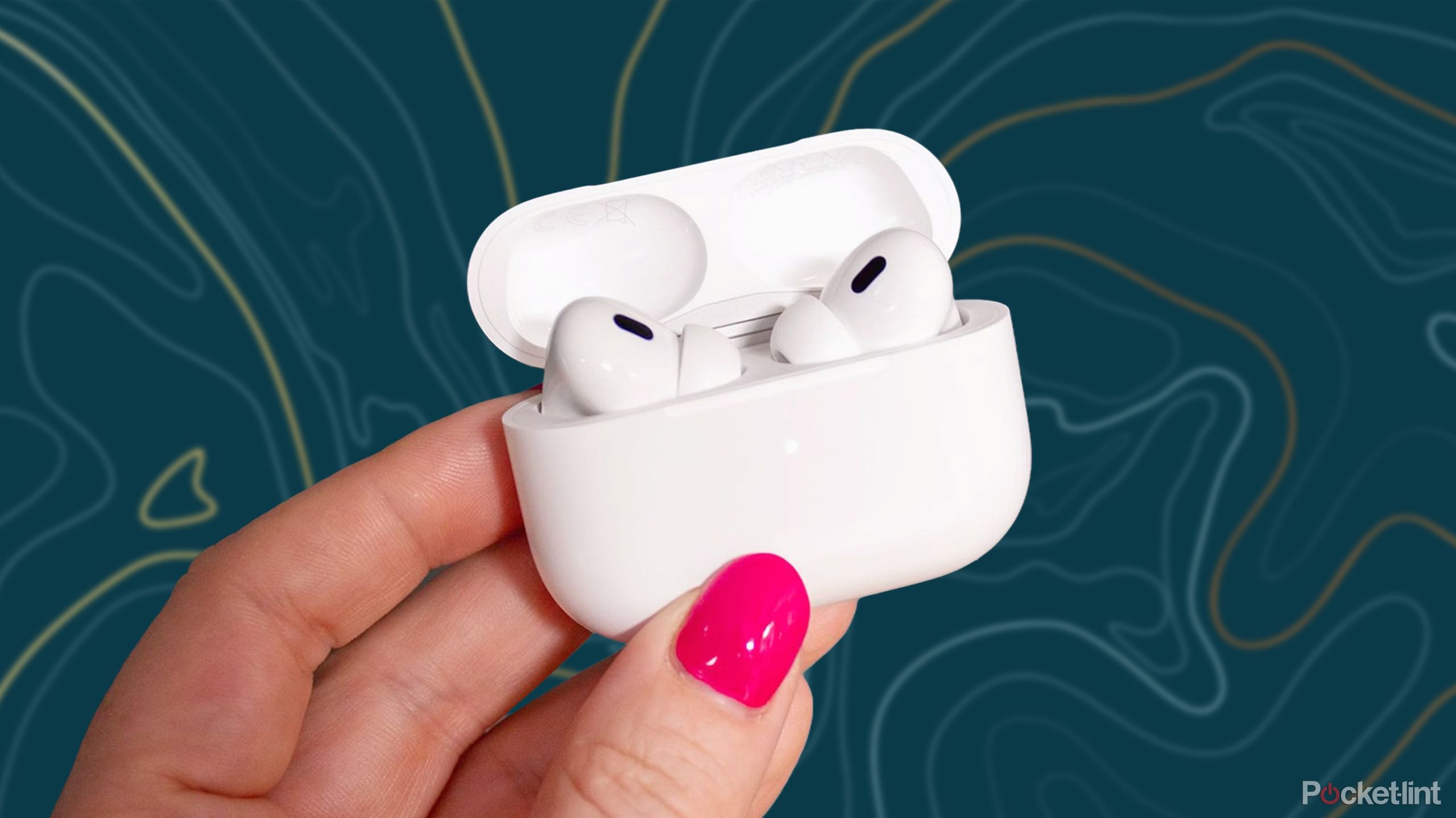 A hand holds the Apple AirPods Pro Gen 2 in front of a teal background with wavy blue and yellow lines. 