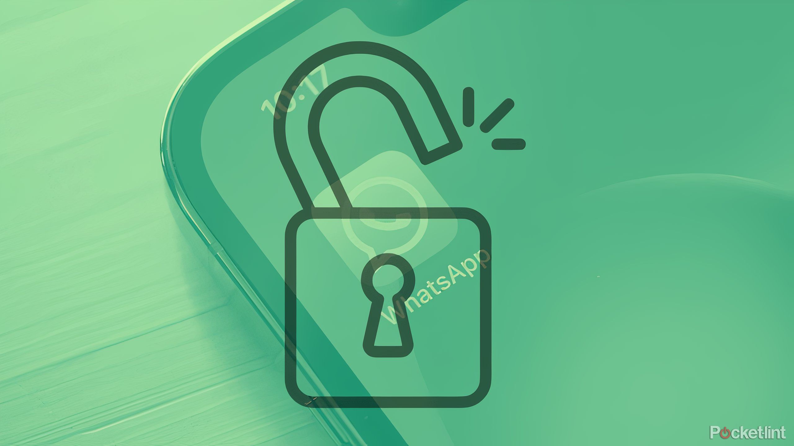 an open padlock superimposed over a phone showing the Whatsapp app