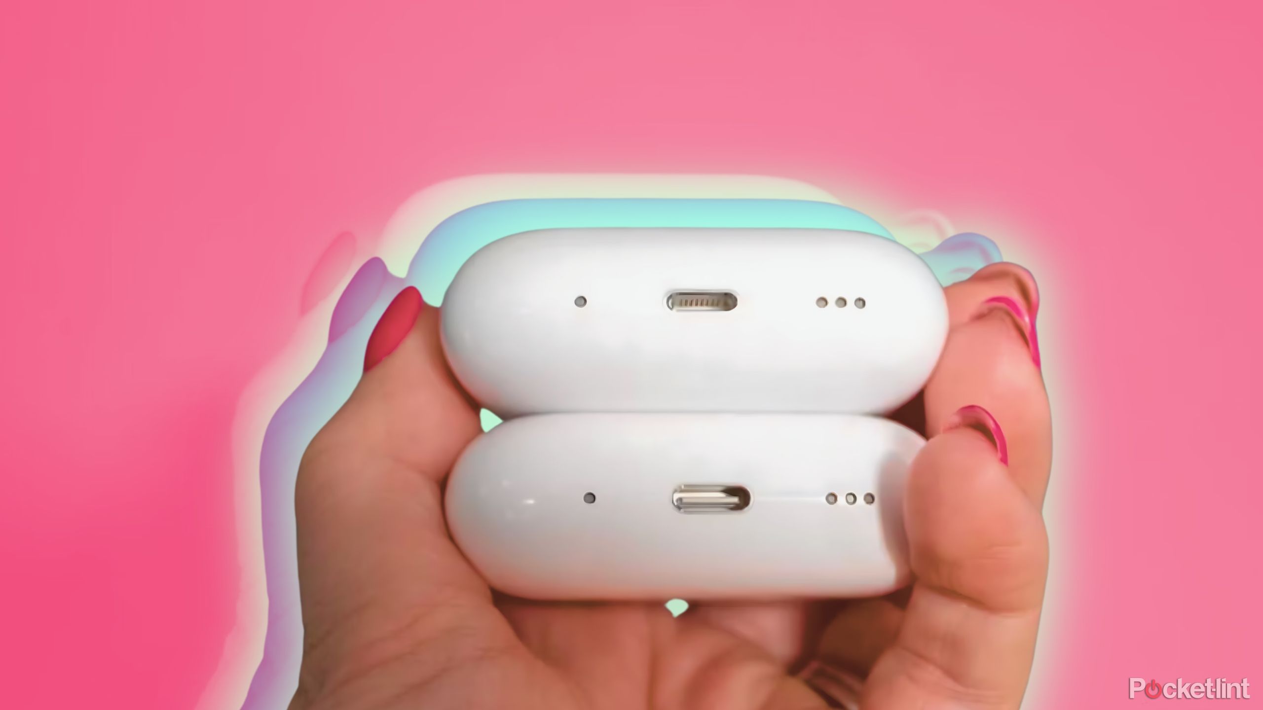 AirPods Pro 2 (USB-C) vs. AirPods Pro 2 (lightning) against a pink background. 