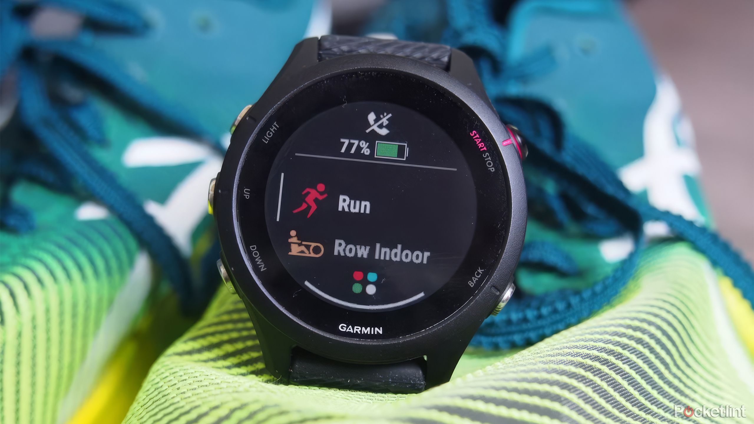 The Garmin Forerunner 255 on a green, yellow, and blue pair of running shows. 