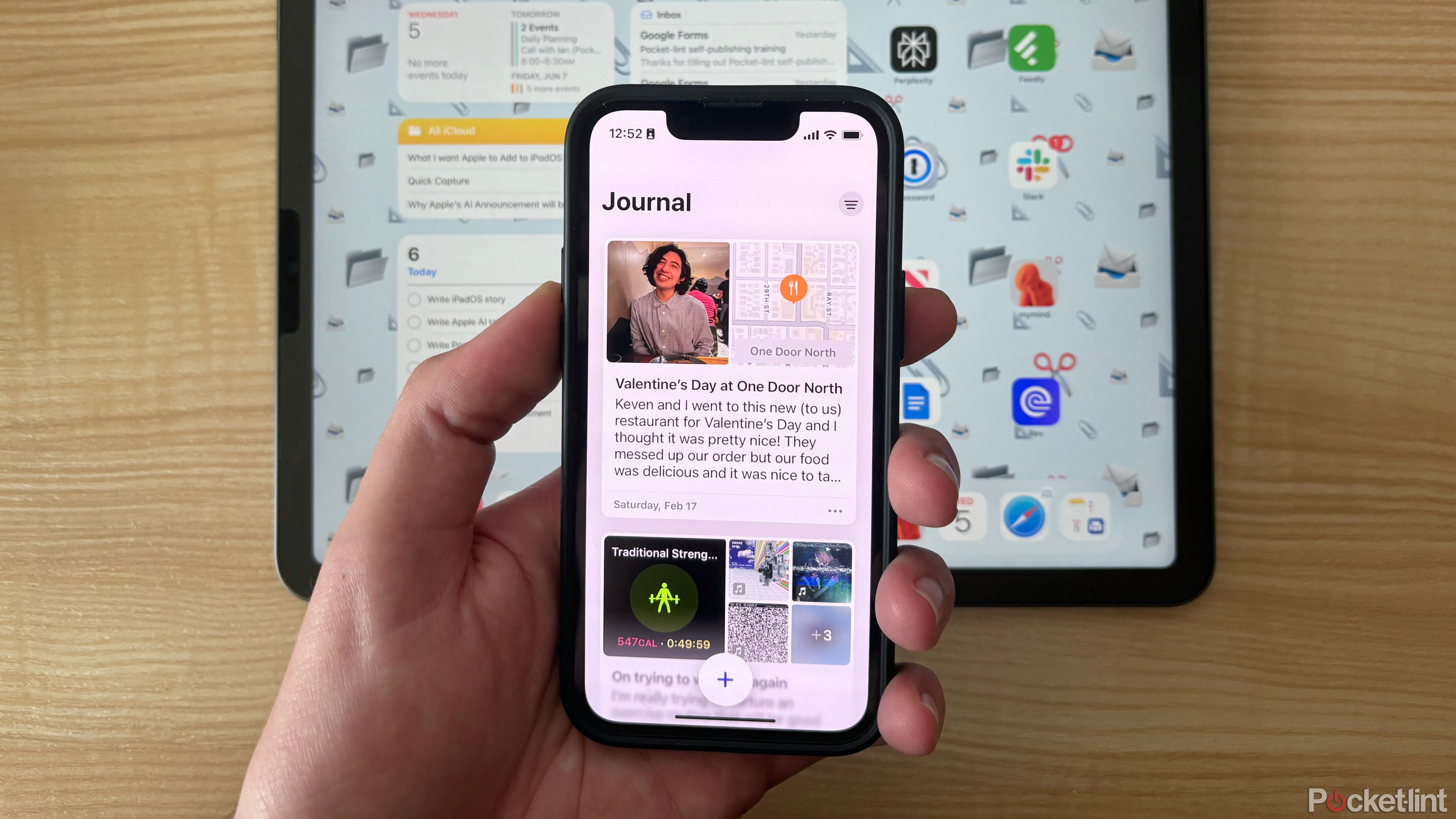 An iPhone 13 mini showing the Journal app above the home screen of an iPad Air.