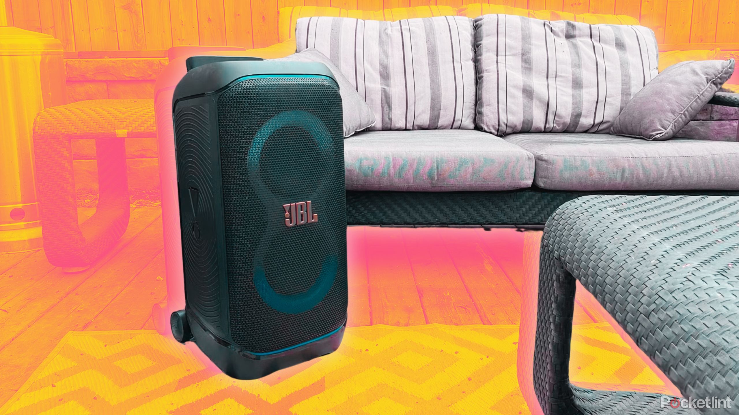 JBL PartyBox stage 320 Speaker with patio furniture. 