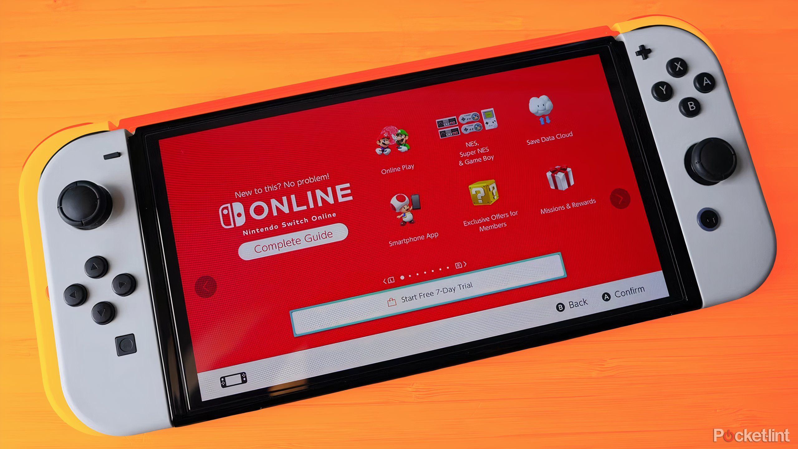 Nintendo Switch Console showing Nintendo Switch Online on colored background