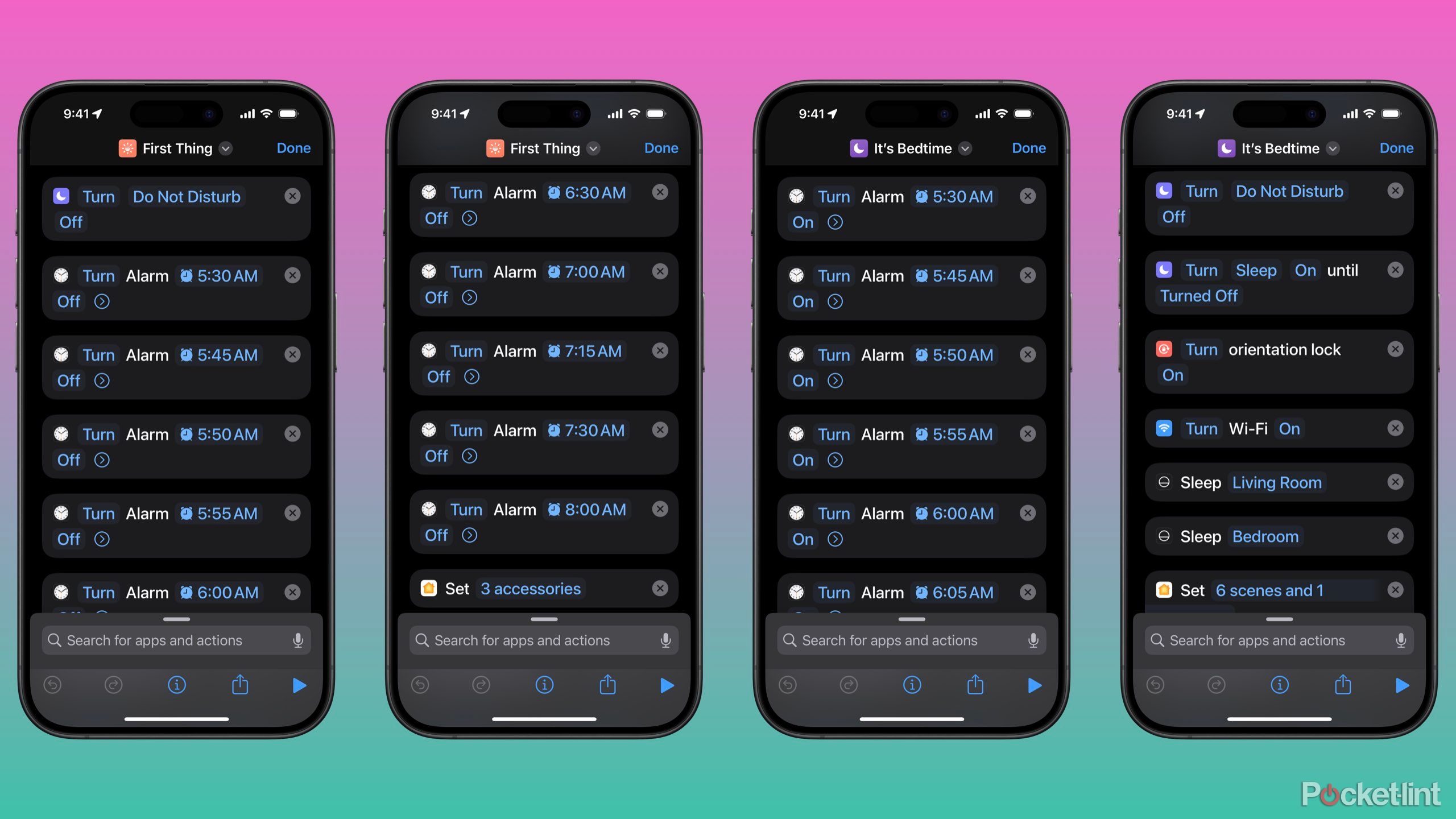 Four screenshots of an iPhone showing the blocks making up two shortcuts. 