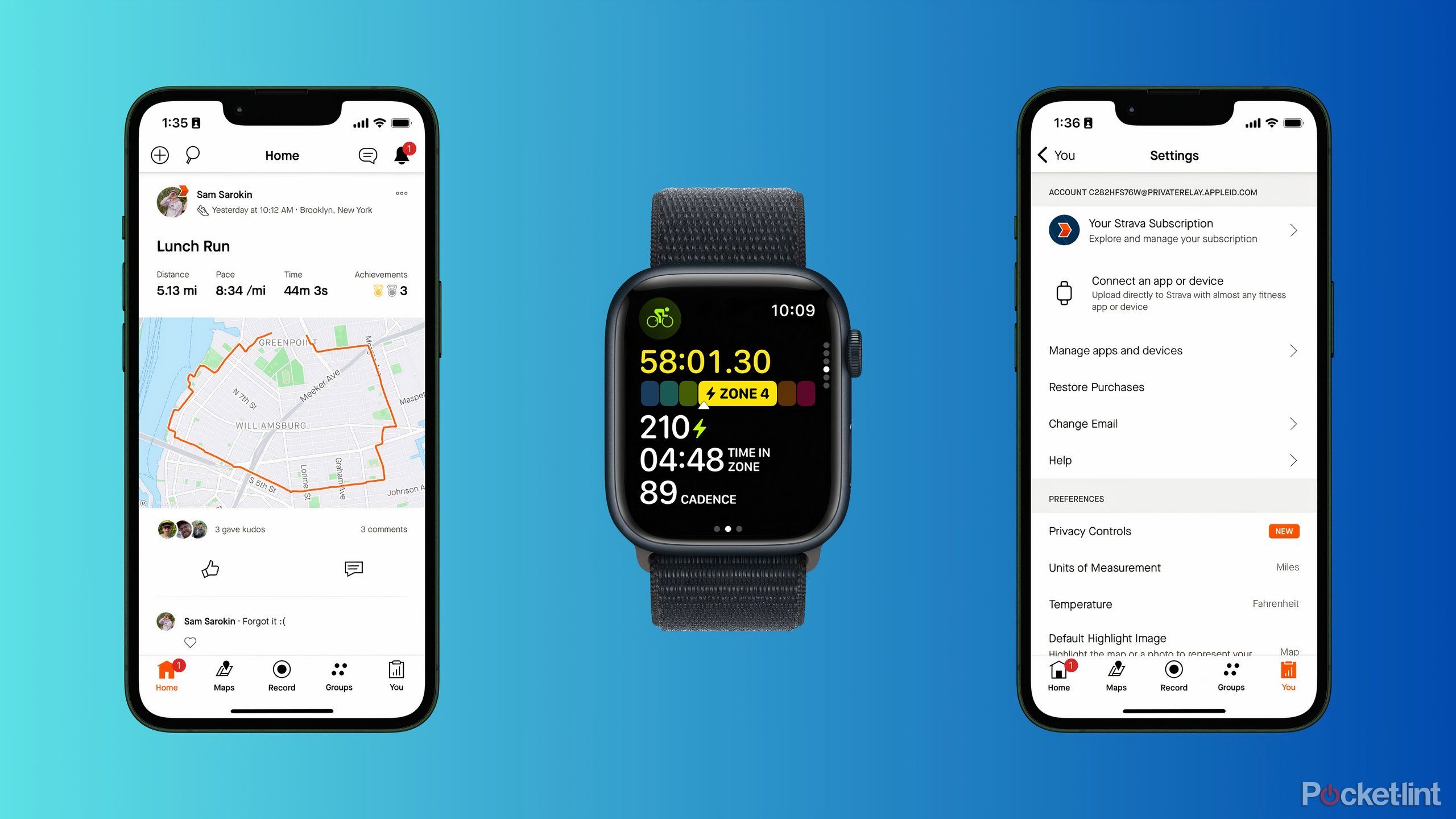 The Strava app, an Apple Watch Series 9, and another screenshot from Strava settings.