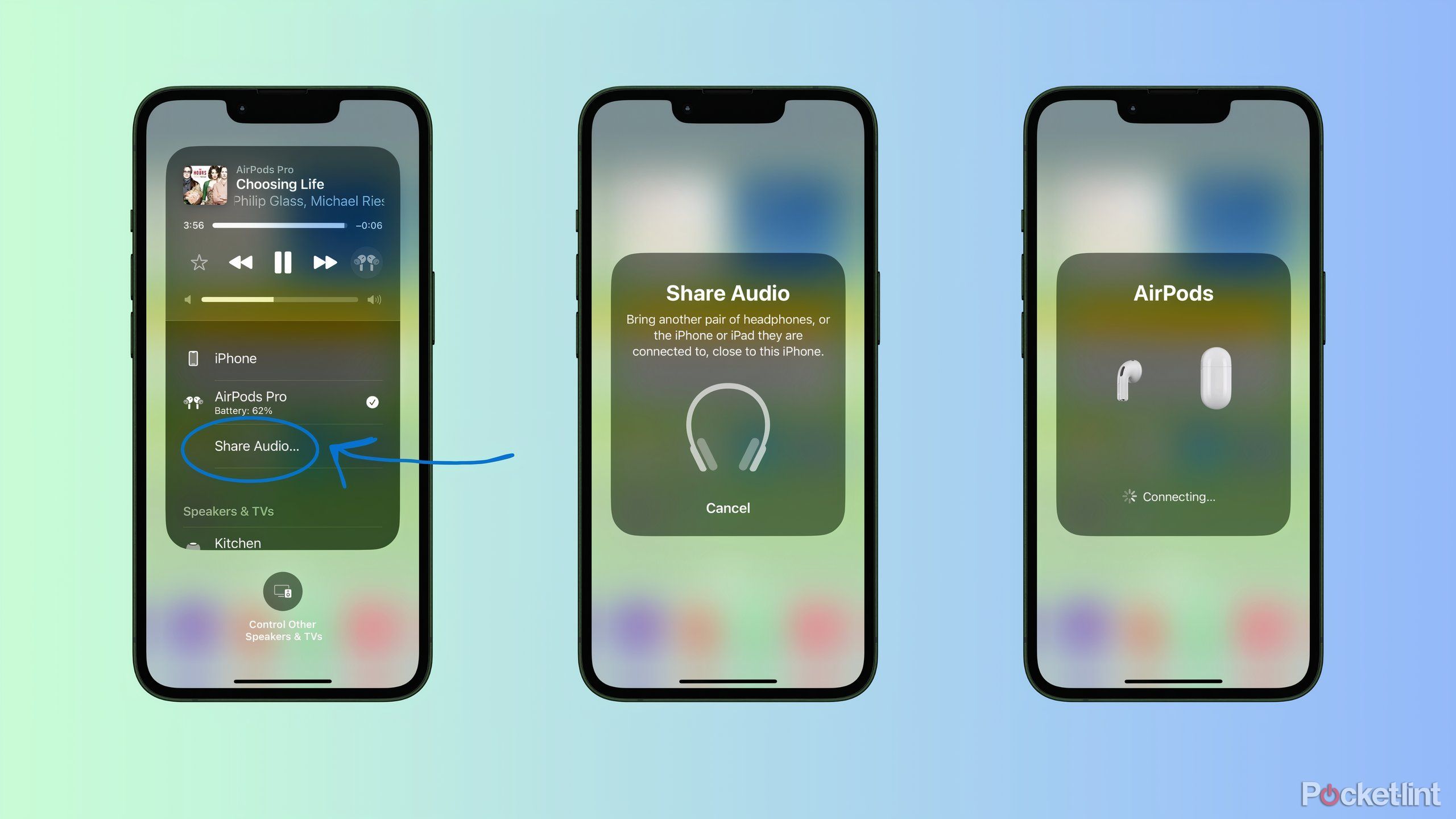 Screenshots showing the Share Audio screen in iOS.