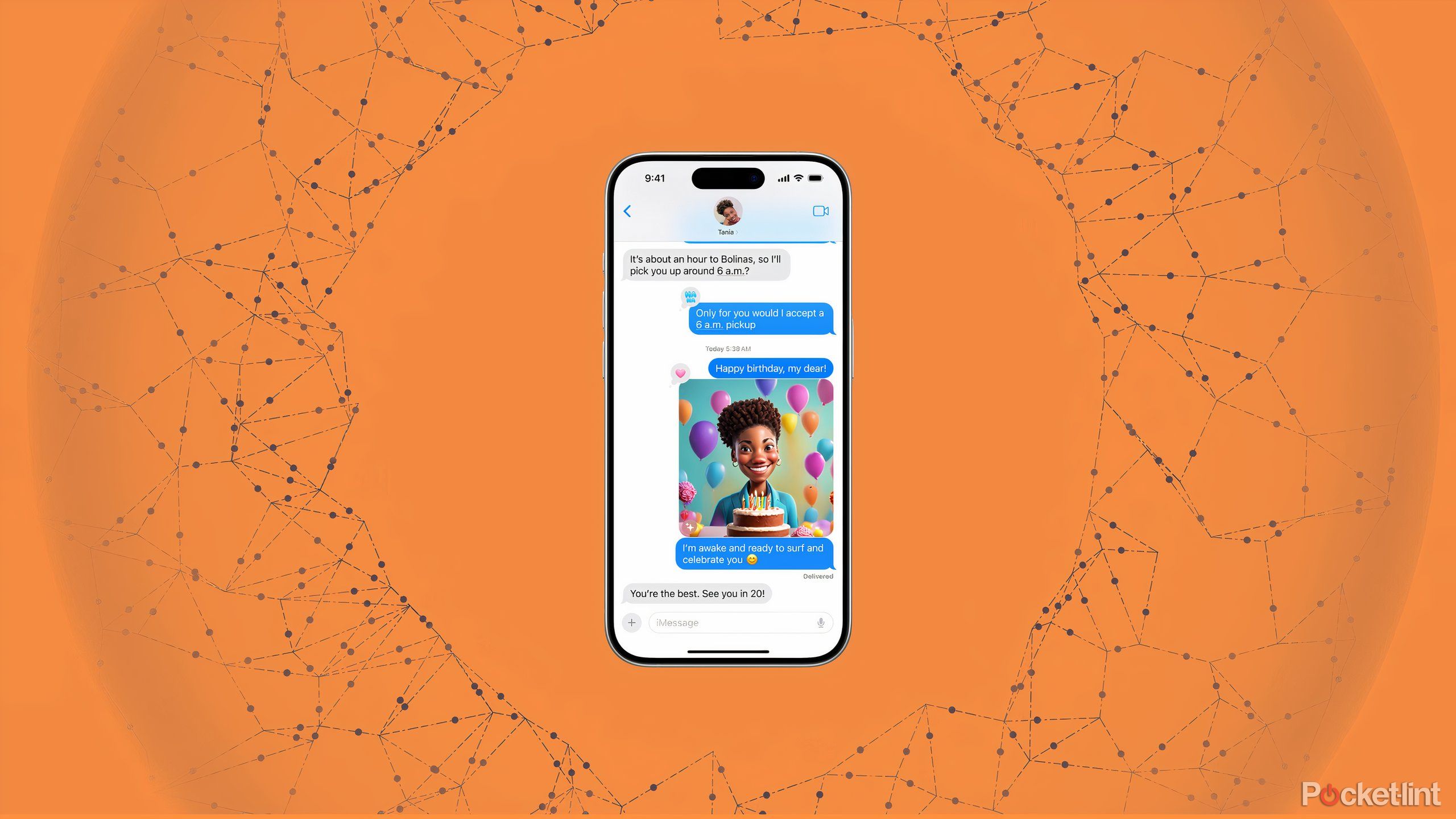 Image Playground in Messages on the iPhone surrounded by an orange cloud visual.