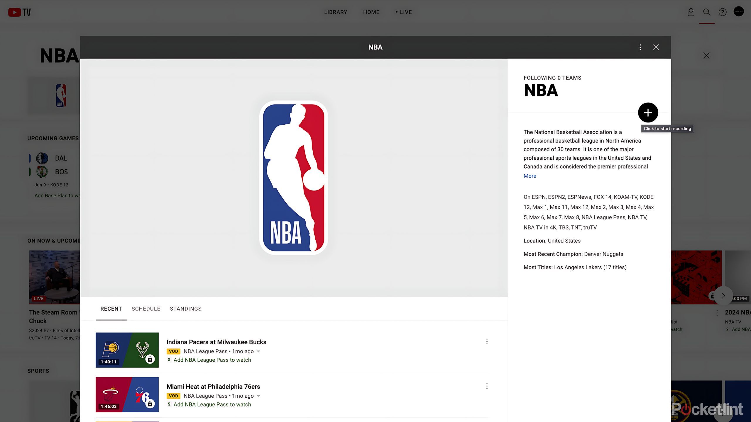 YouTube TV NBA logo on a screen. 