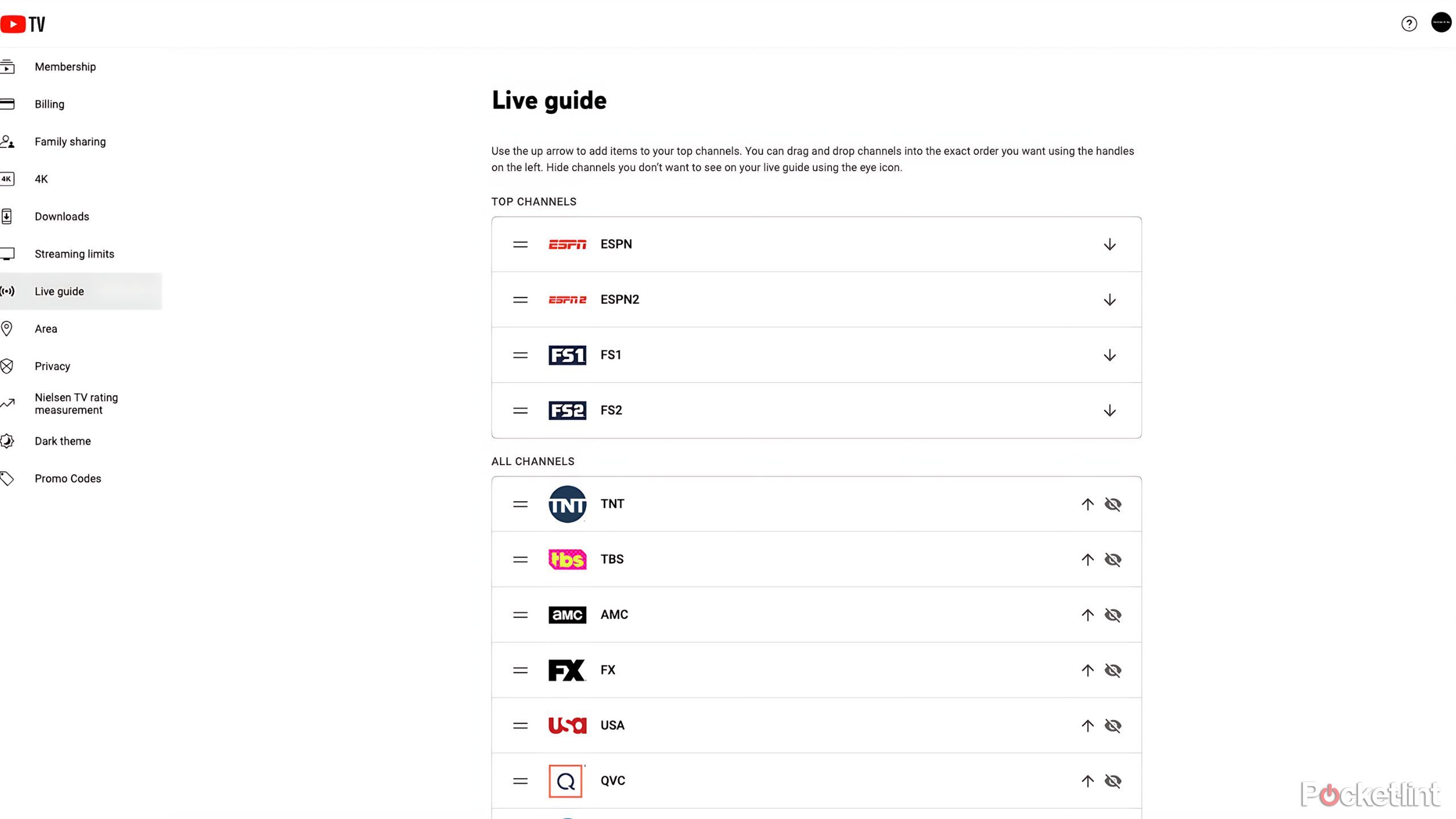YouTube TV Channel order customization menu. 