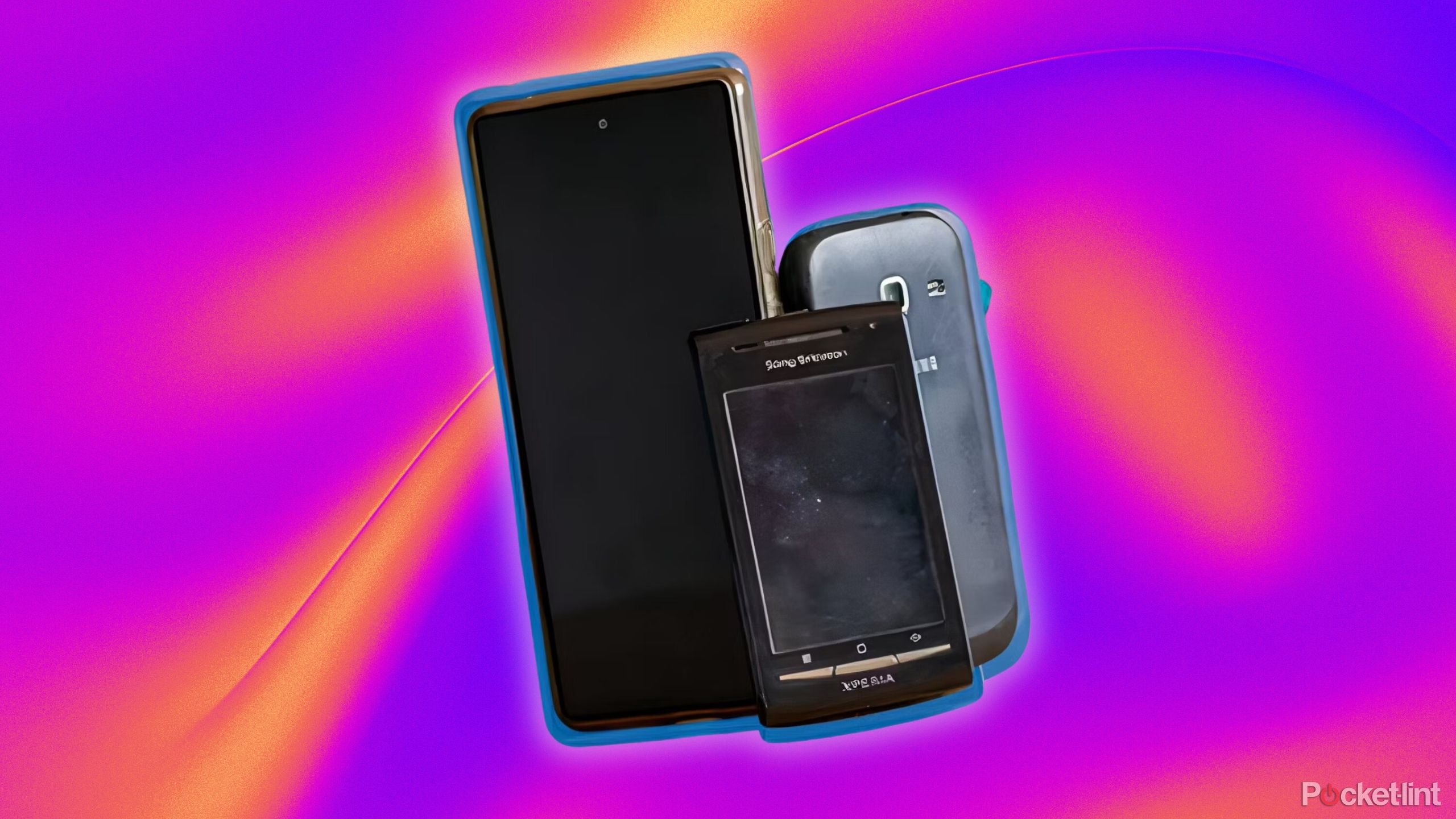 Old Android phones against a purple and orange background. 