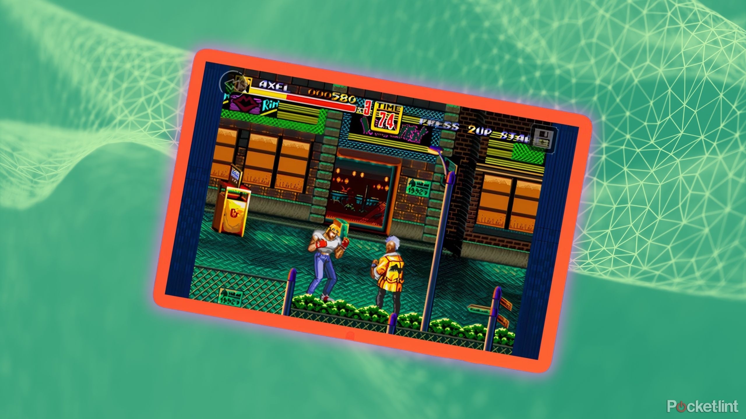 Android tablet as retro gaming console on green background. 