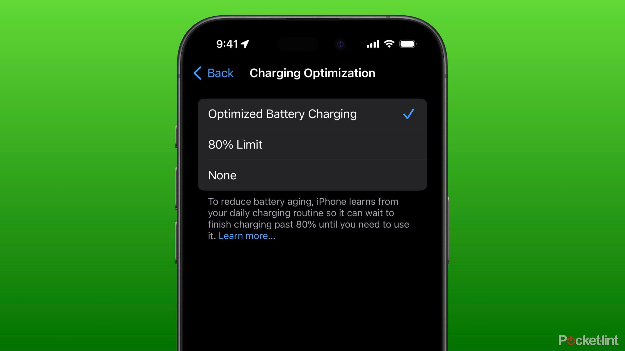 Charging Optimization settings in iOS. 