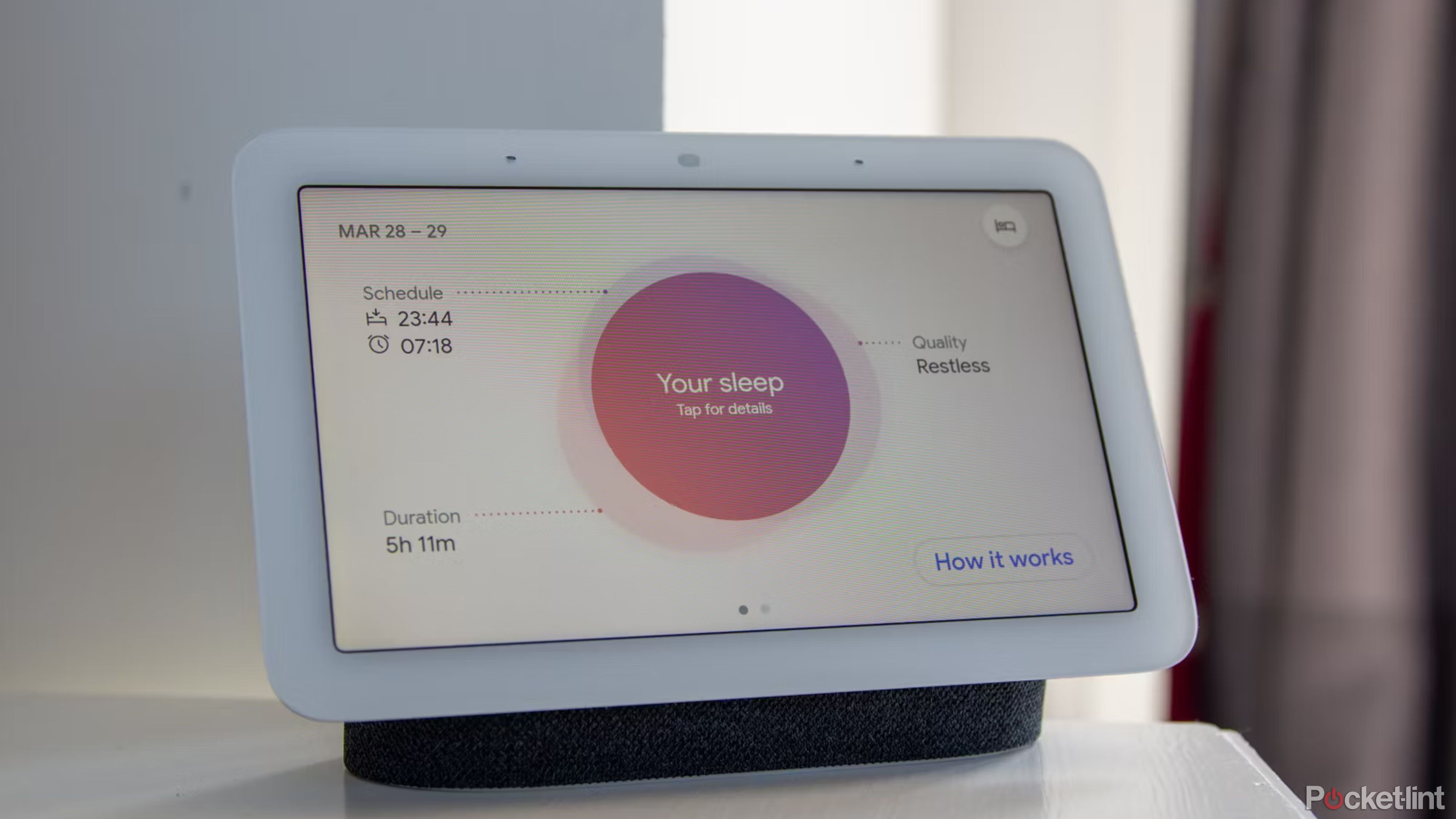 A second-gen Google Nest Hub displaying sleep tracking results.