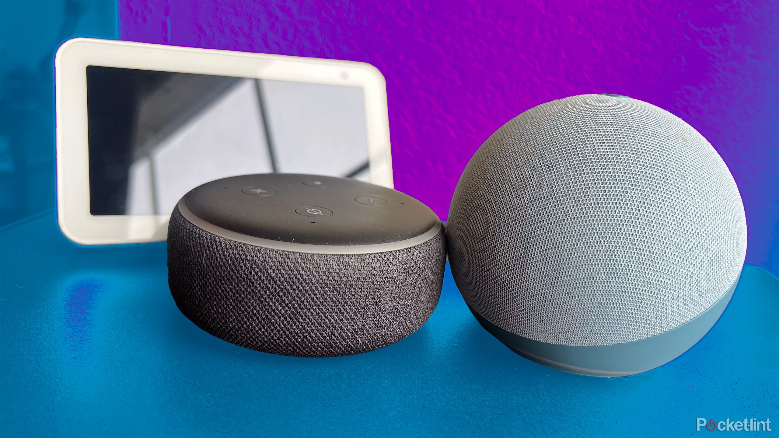 A 4th Gen Amazon Echo, Echo Dot, and Echo Show against a blue and purple background. 