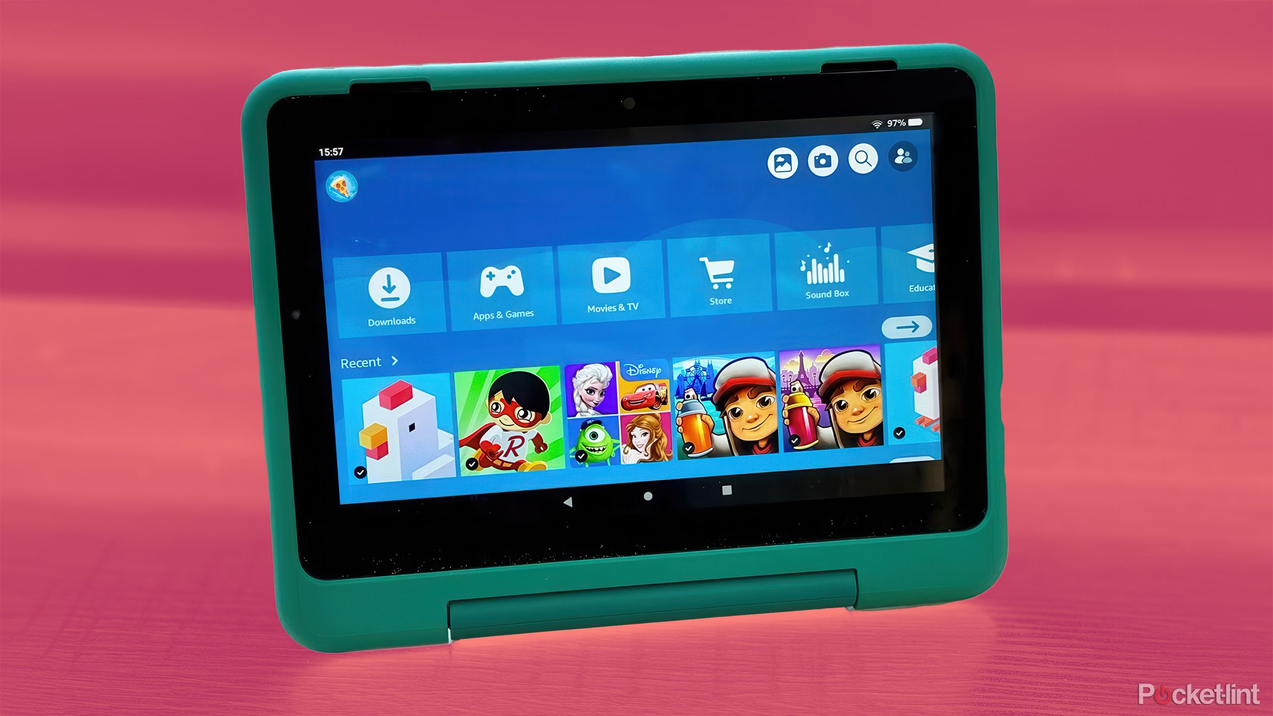 The Amazon Fire HD 8 Kids Pro tablet against a pink and orange background. 